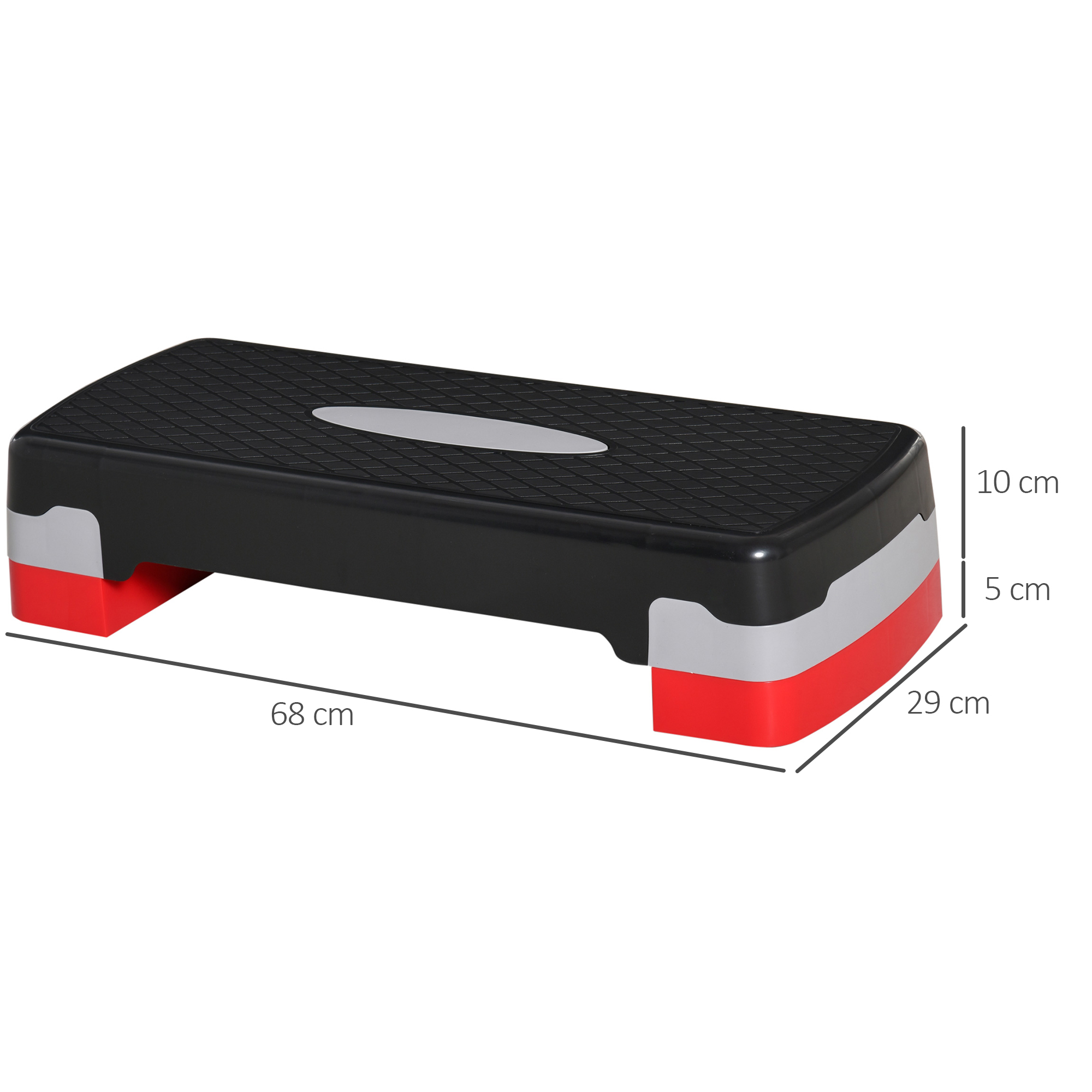 Stepper aerobico nero e rosso con dimensioni in cm, che mostra la struttura.