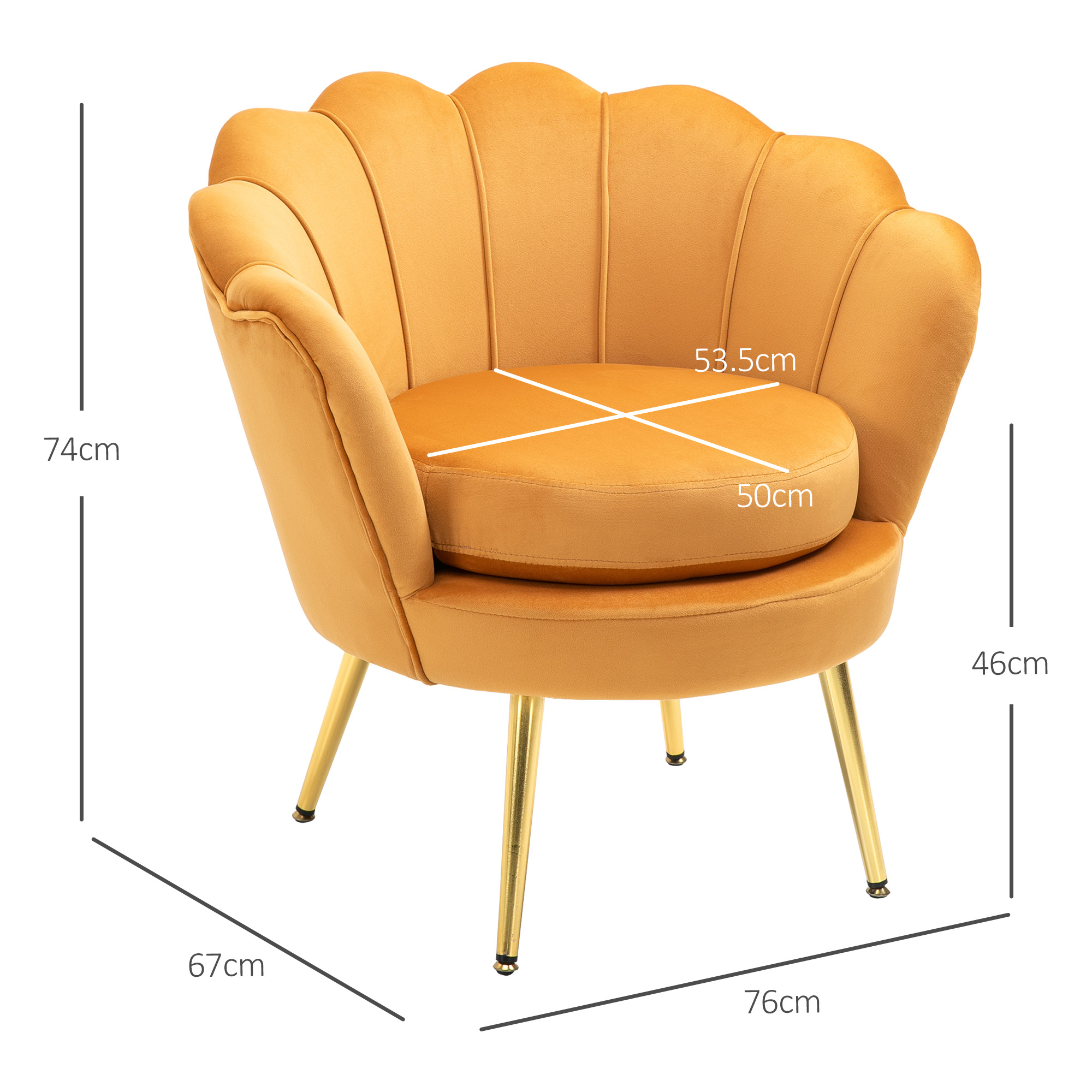 Sedia gialla a forma di conchiglia con gambe dorate. Dimensioni con misure.