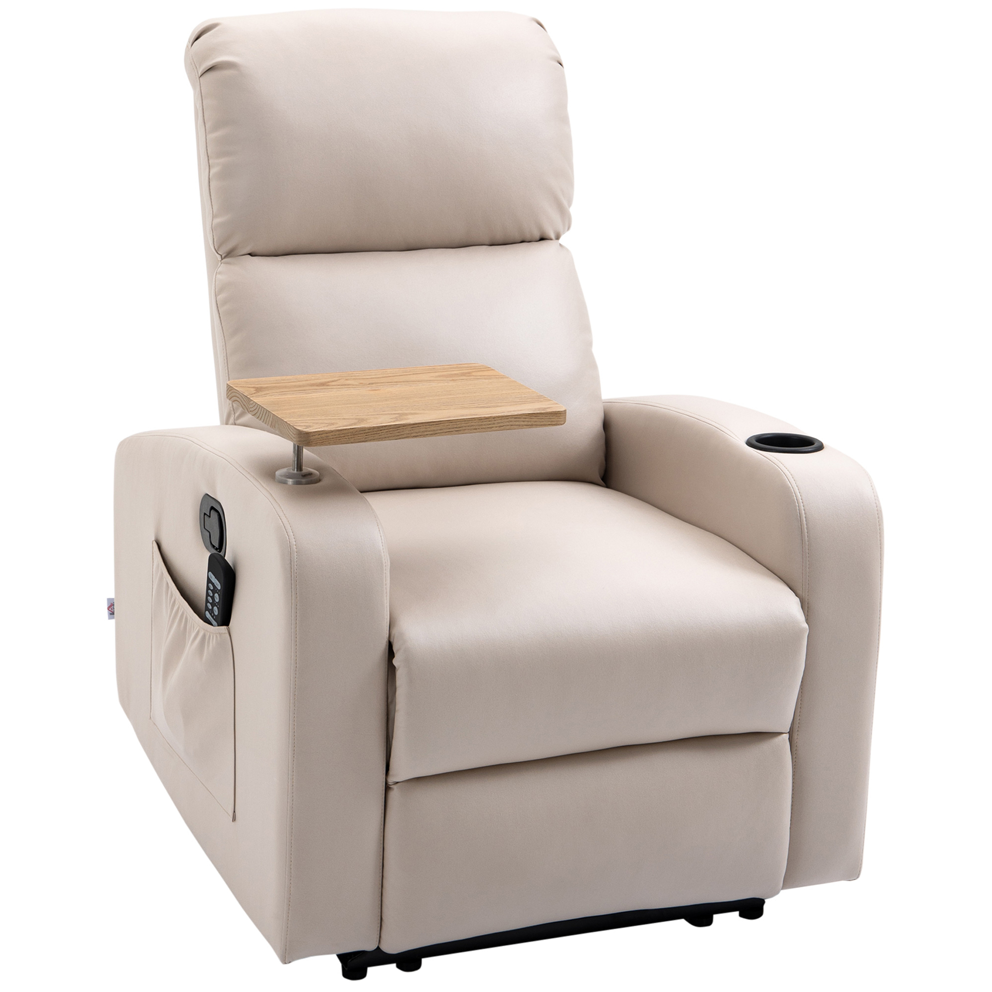 Poltrona reclinabile beige con tavolino in legno e portabicchieri. È su sfondo bianco.