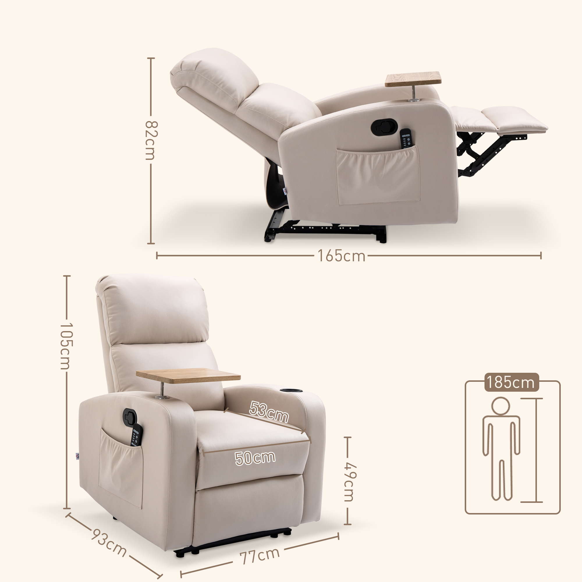 Poltrona reclinabile beige con dimensioni indicate. La sedia è in due posizioni.