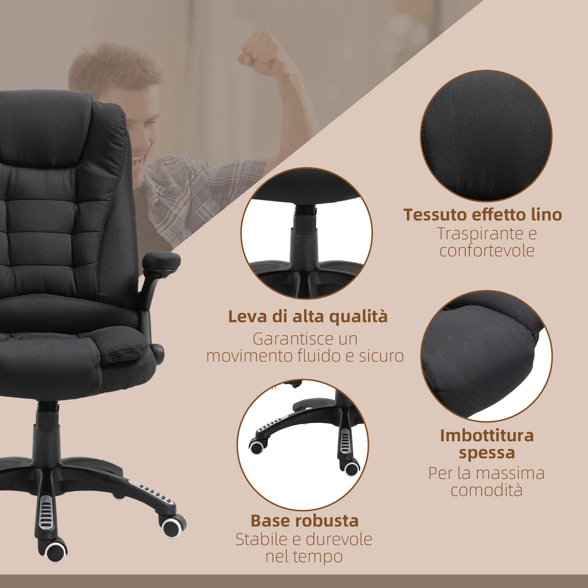 Sedia da ufficio nera con braccioli e persona sullo sfondo, che evidenzia le caratteristiche.