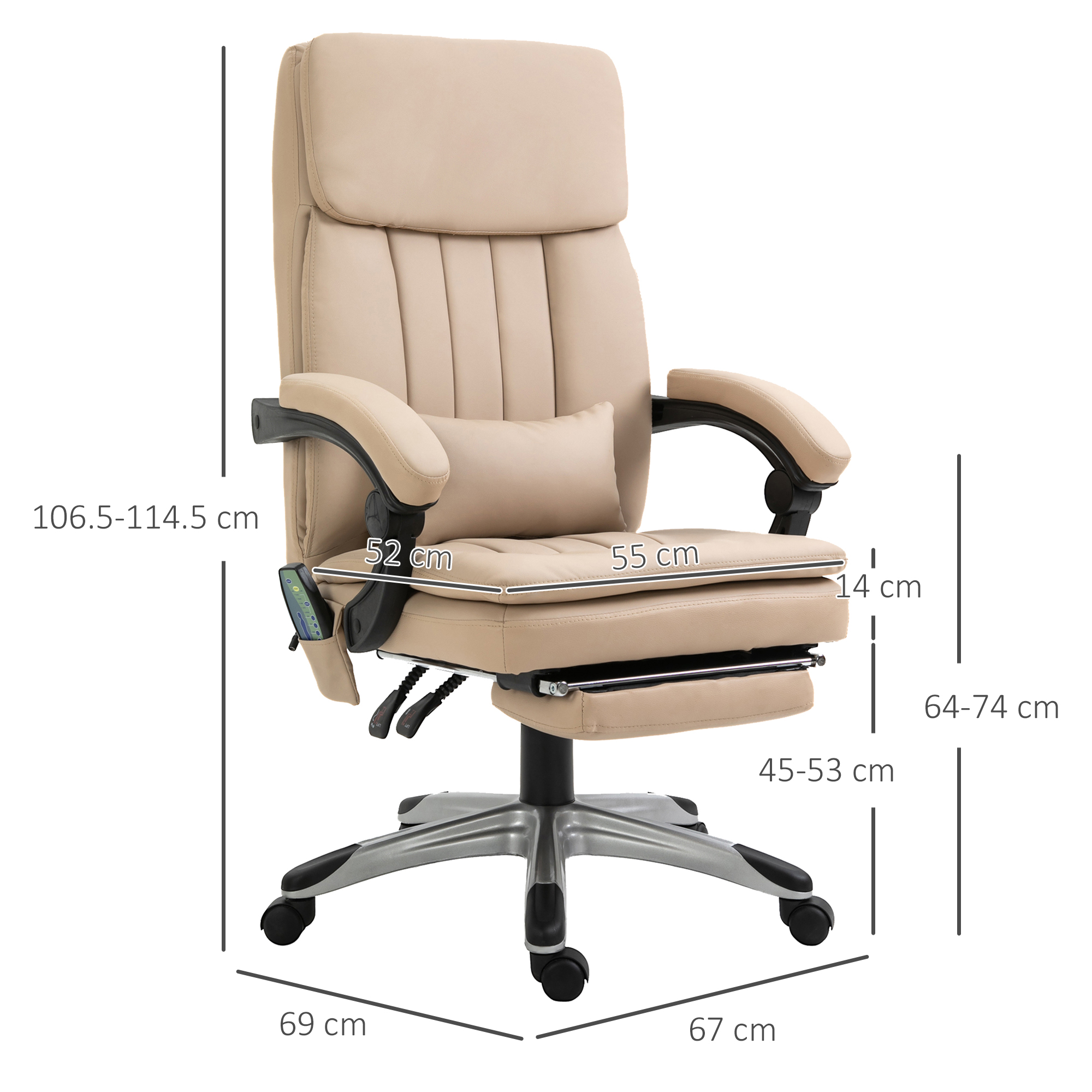 Sedia da ufficio beige con dimensioni indicate, con poggiapiedi.