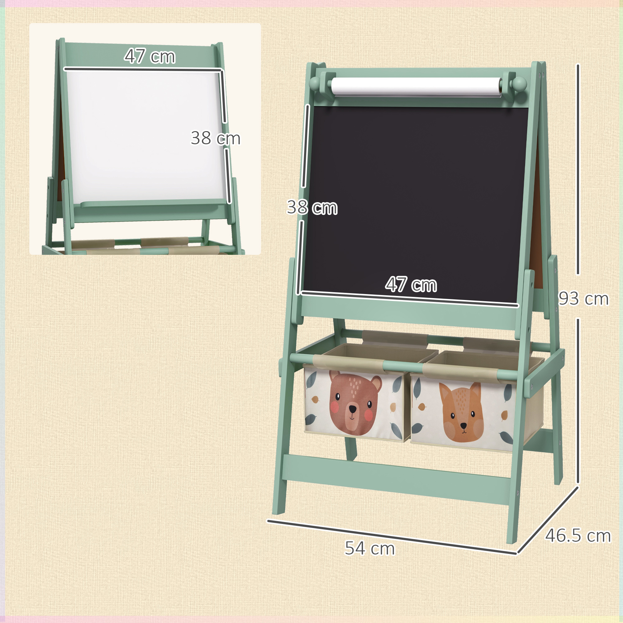 Cavalletto in legno verde con lavagna bianca e lavagna, più contenitori. Le dimensioni sono visualizzate.