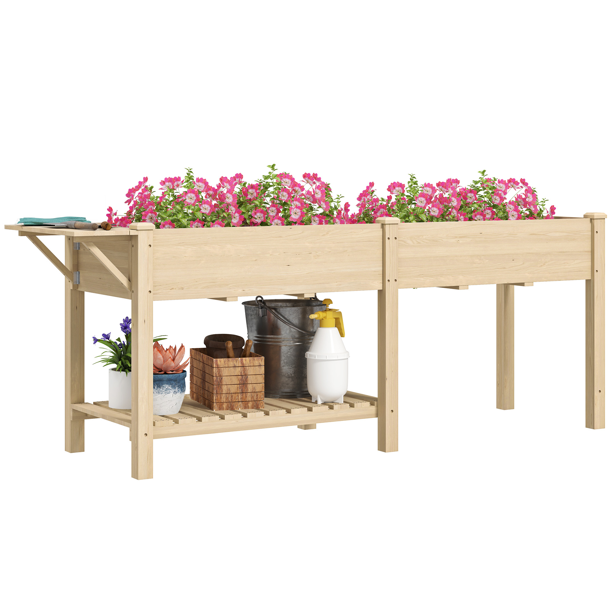 Aiuola in legno con fiori rosa, con attrezzi e accessori sul ripiano.