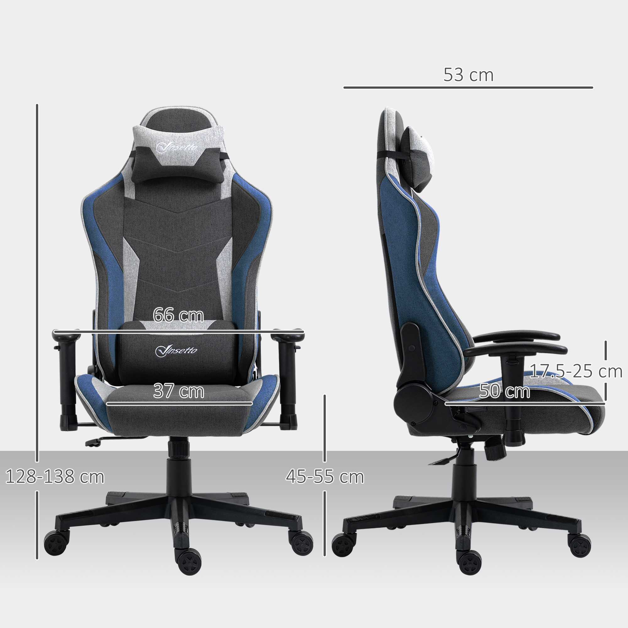 Sedia da gaming con dettagli blu e grigi. Le dimensioni sono mostrate in due viste.
