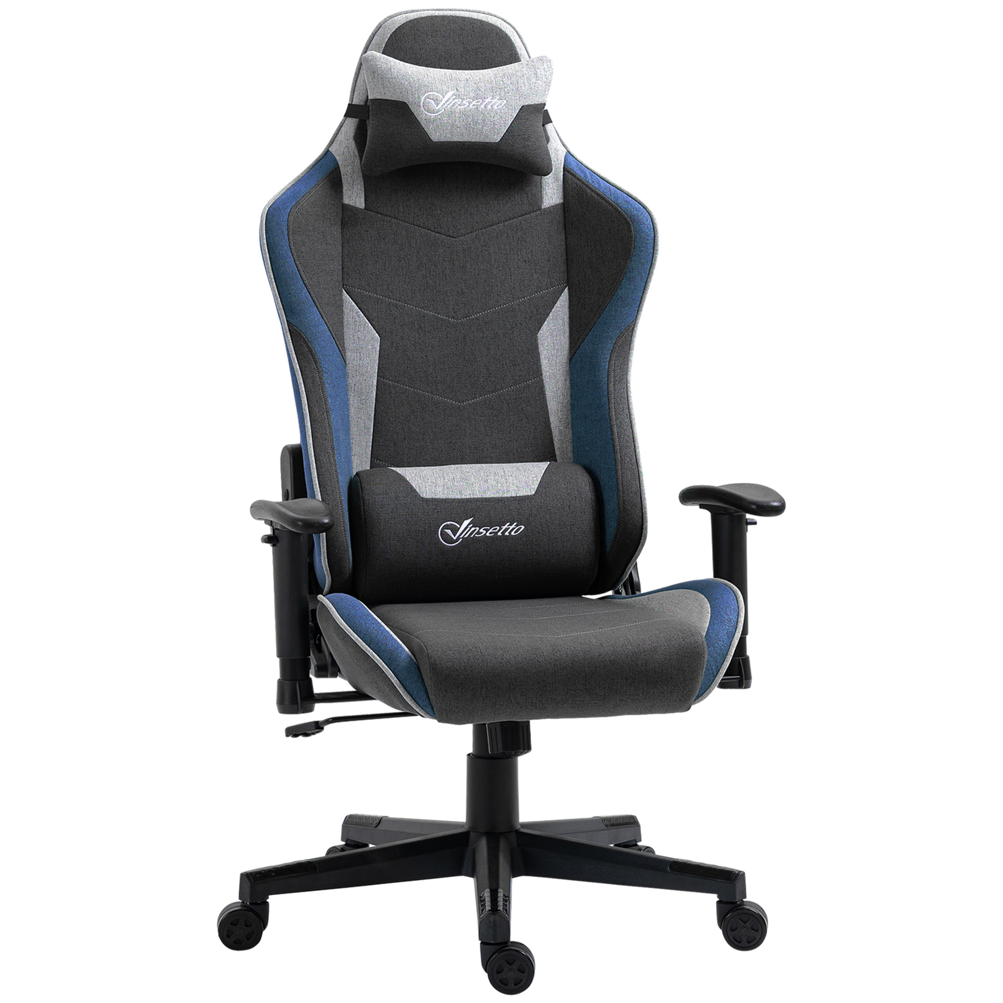 Sedia da gaming con colori grigio, blu e nero. Ha poggiatesta, cuscino lombare e ruote.