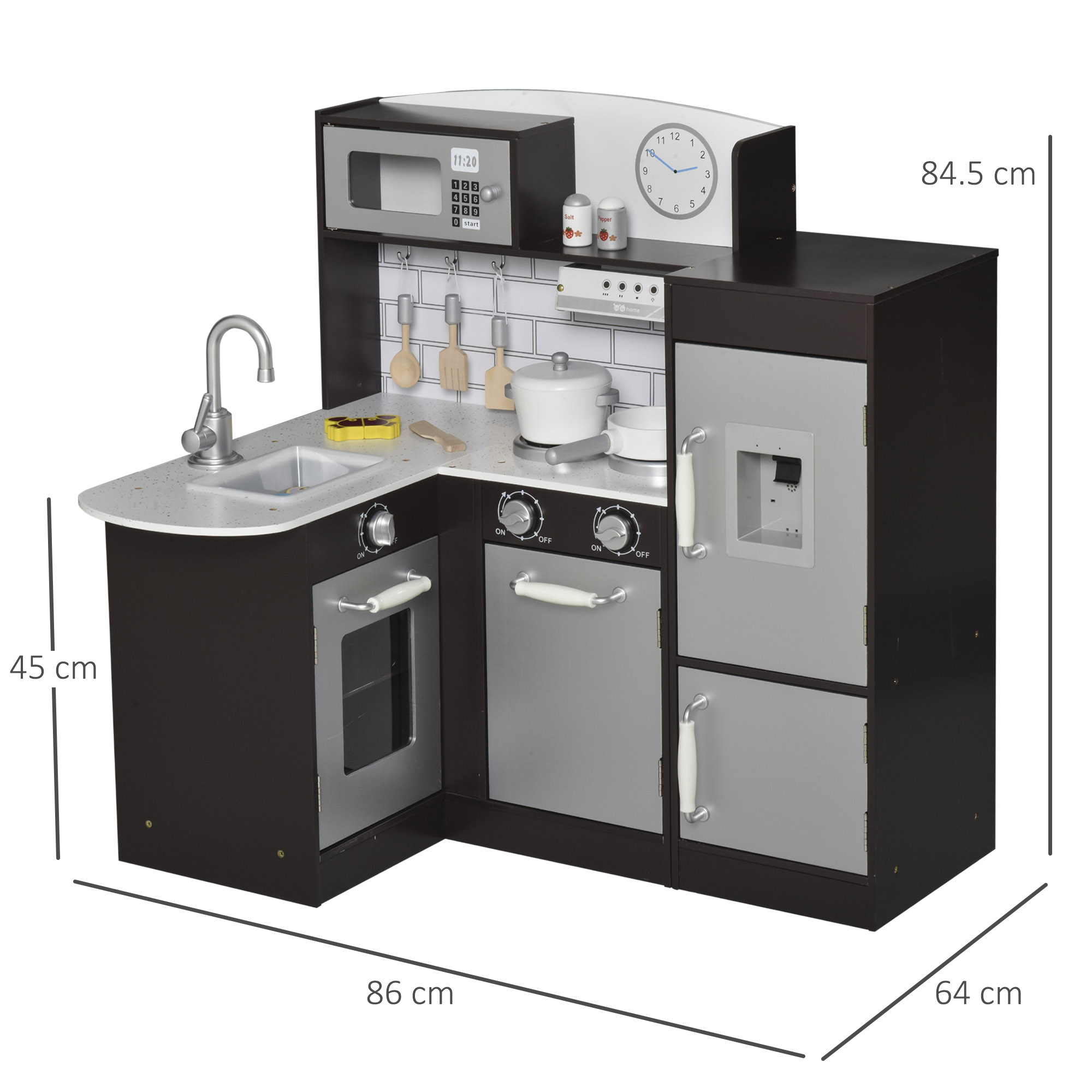 Cucina giocattolo in legno a forma di L con elettrodomestici, orologio e dimensioni.
