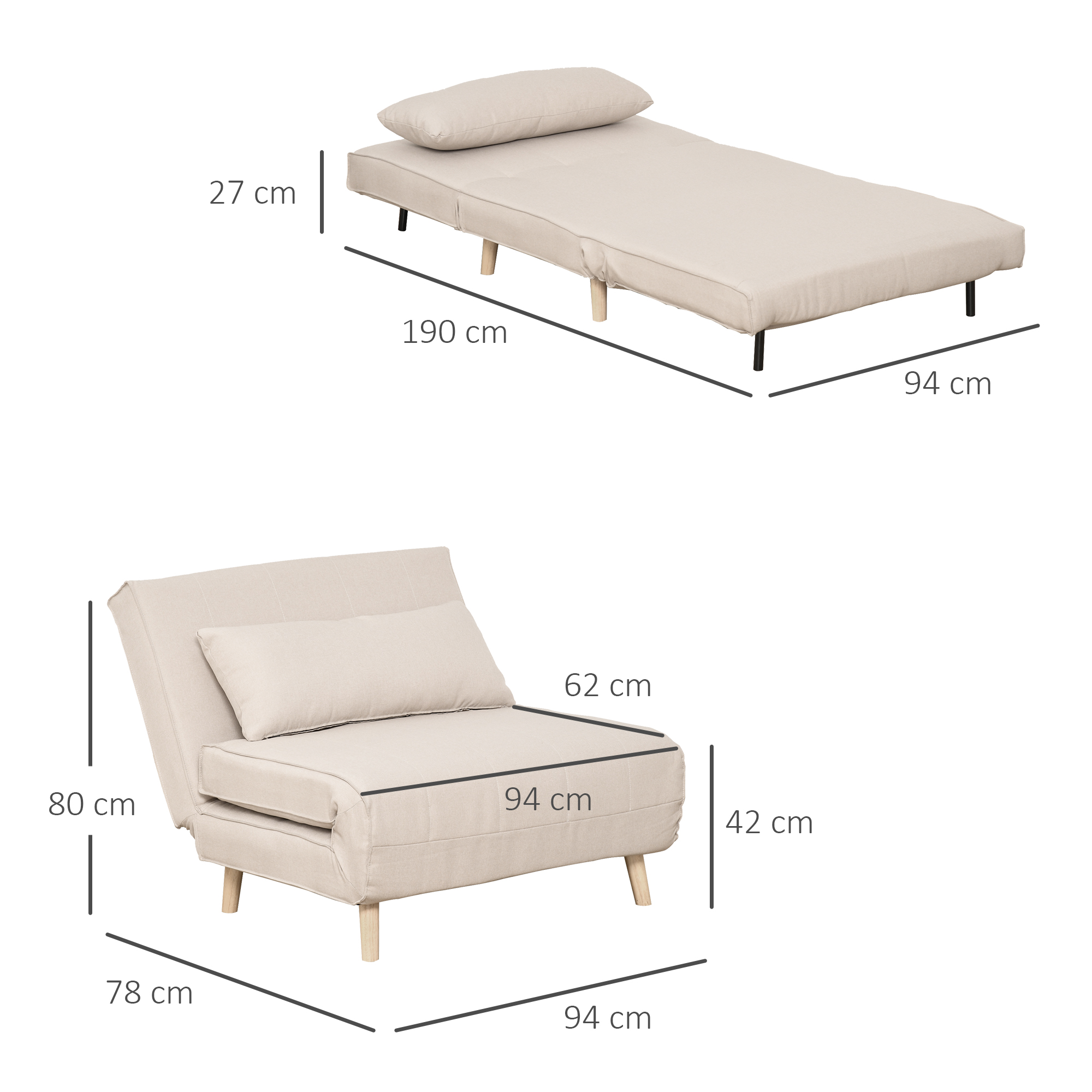 Divano letto beige, piegato e aperto. Dimensioni fornite. Include un cuscino e gambe in legno.