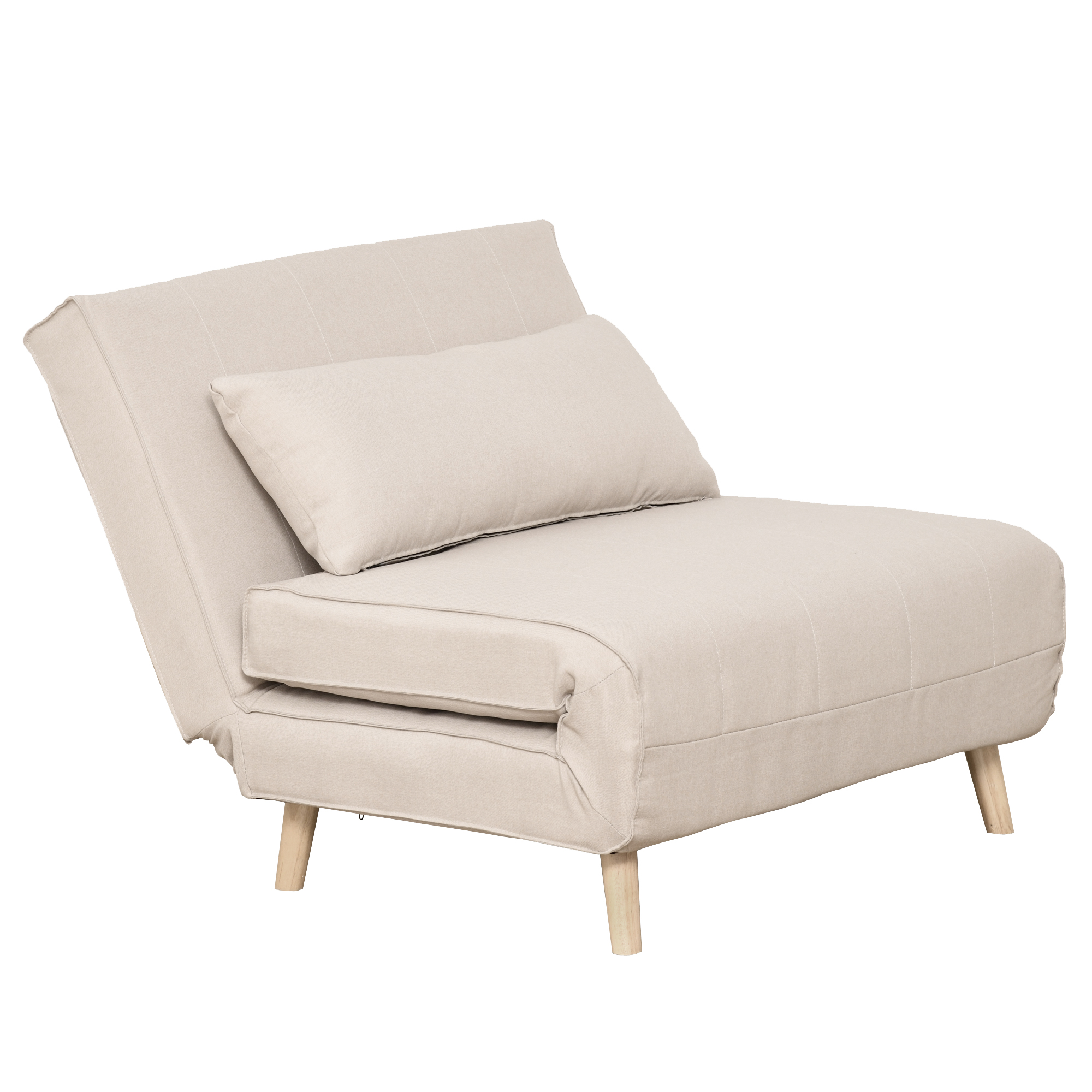 Divano futon beige con un cuscino. È su gambe di legno, su sfondo bianco.