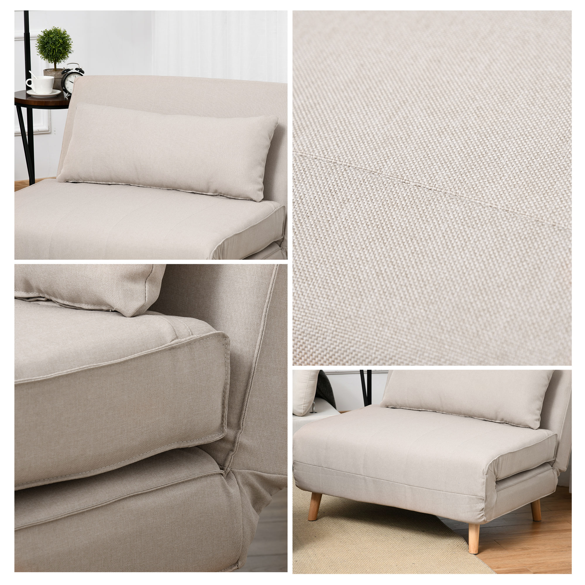 Sedia in tessuto beige, con un piccolo cuscino. La sedia è parzialmente aperta e ha gambe in legno.