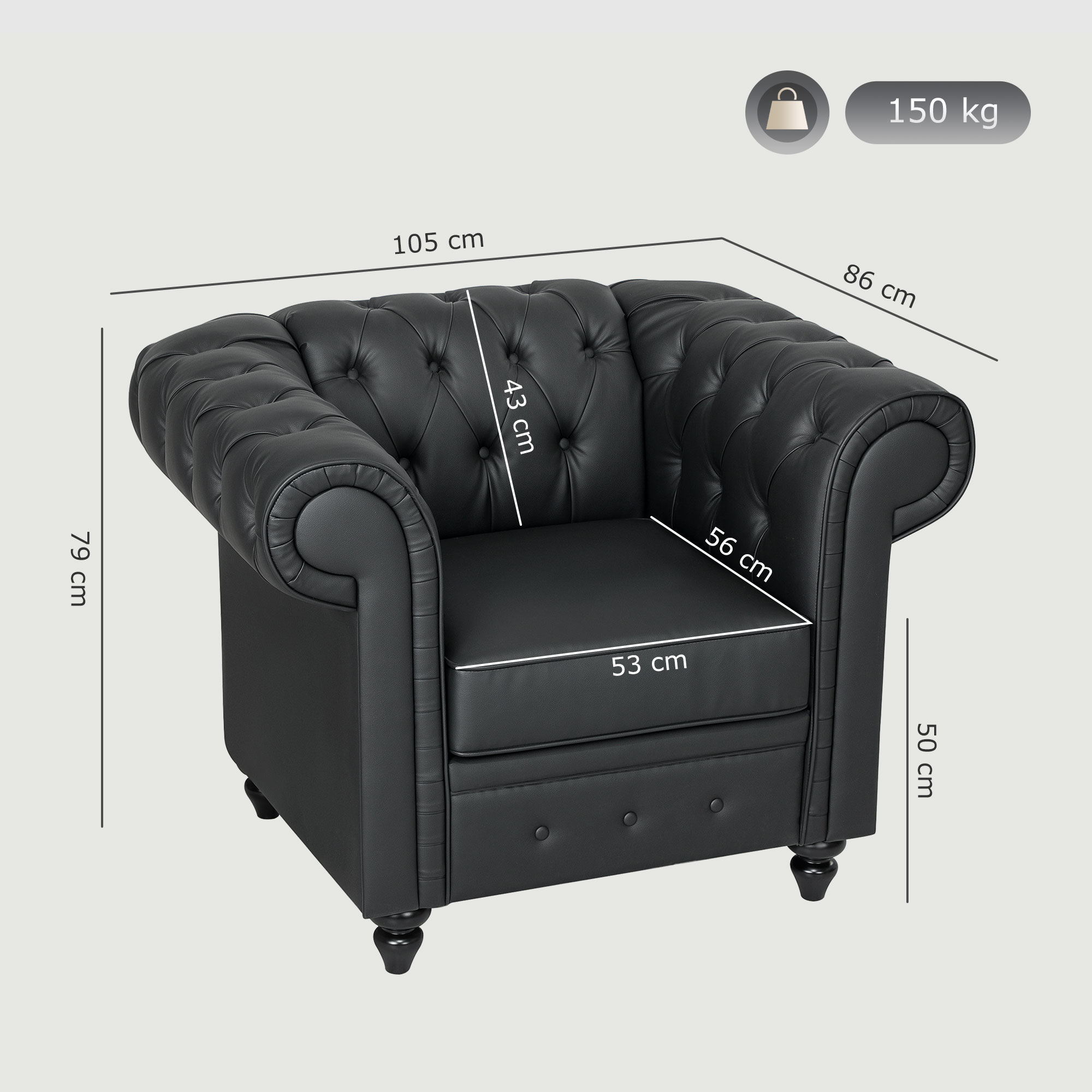 Poltrona in pelle nera con dimensioni indicate. Ha un design con bottoni.
