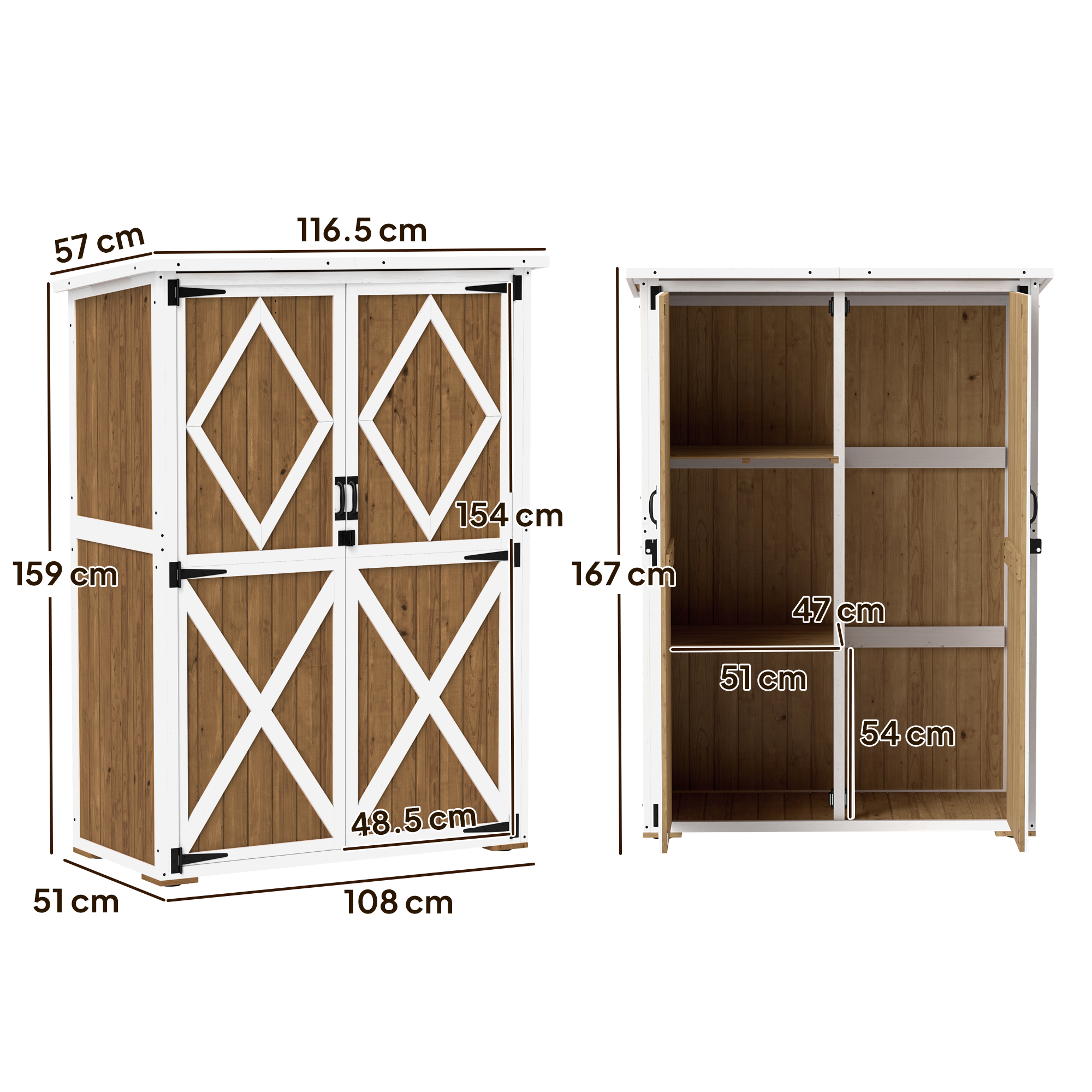 Mobile contenitore in legno con dimensioni. Sono mostrate due porte.