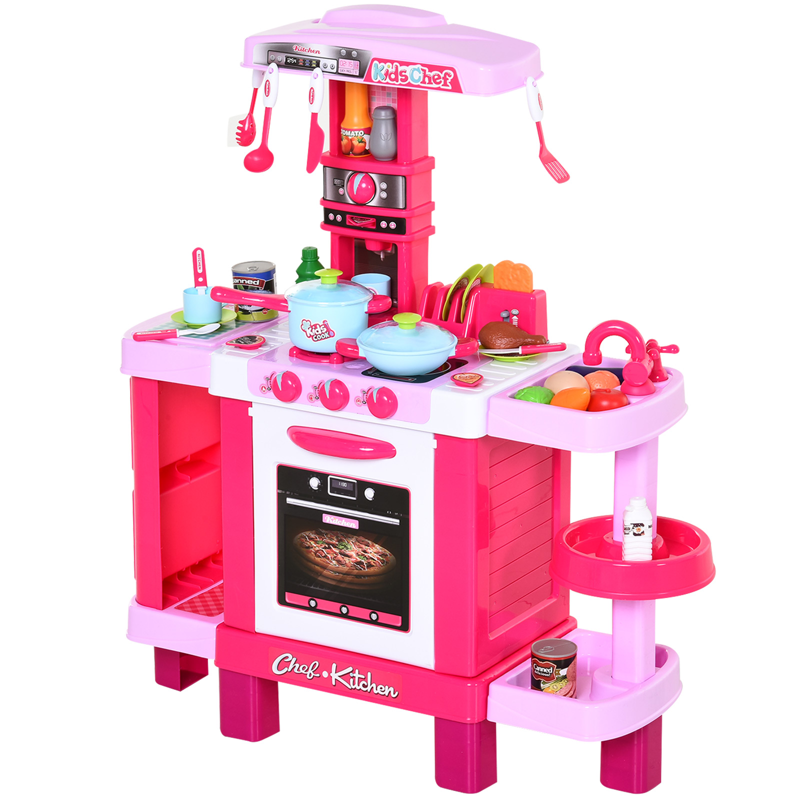 Set cucina giocattolo rosa con molteplici accessori, progettato per far giocare i bambini.