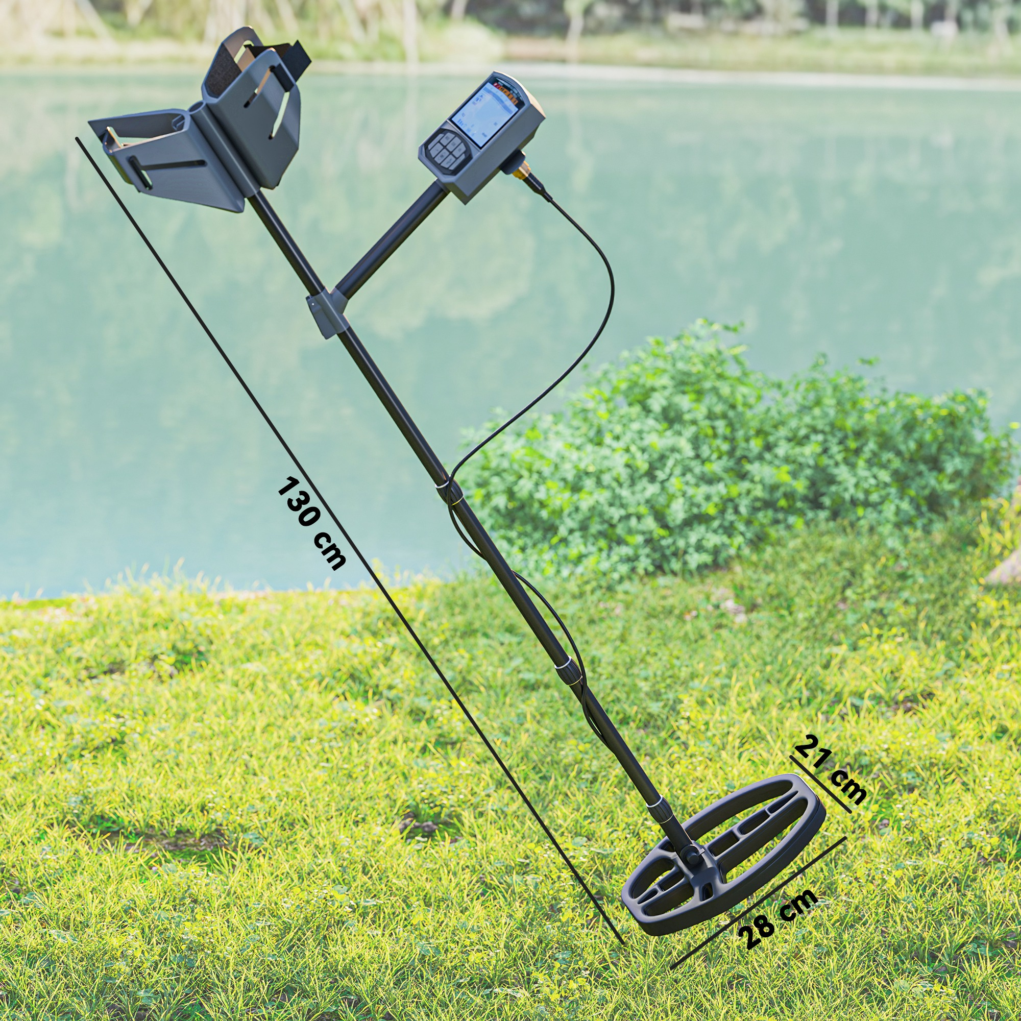 Metal detector sull'erba verde. Il rilevatore è rivolto verso il lago.