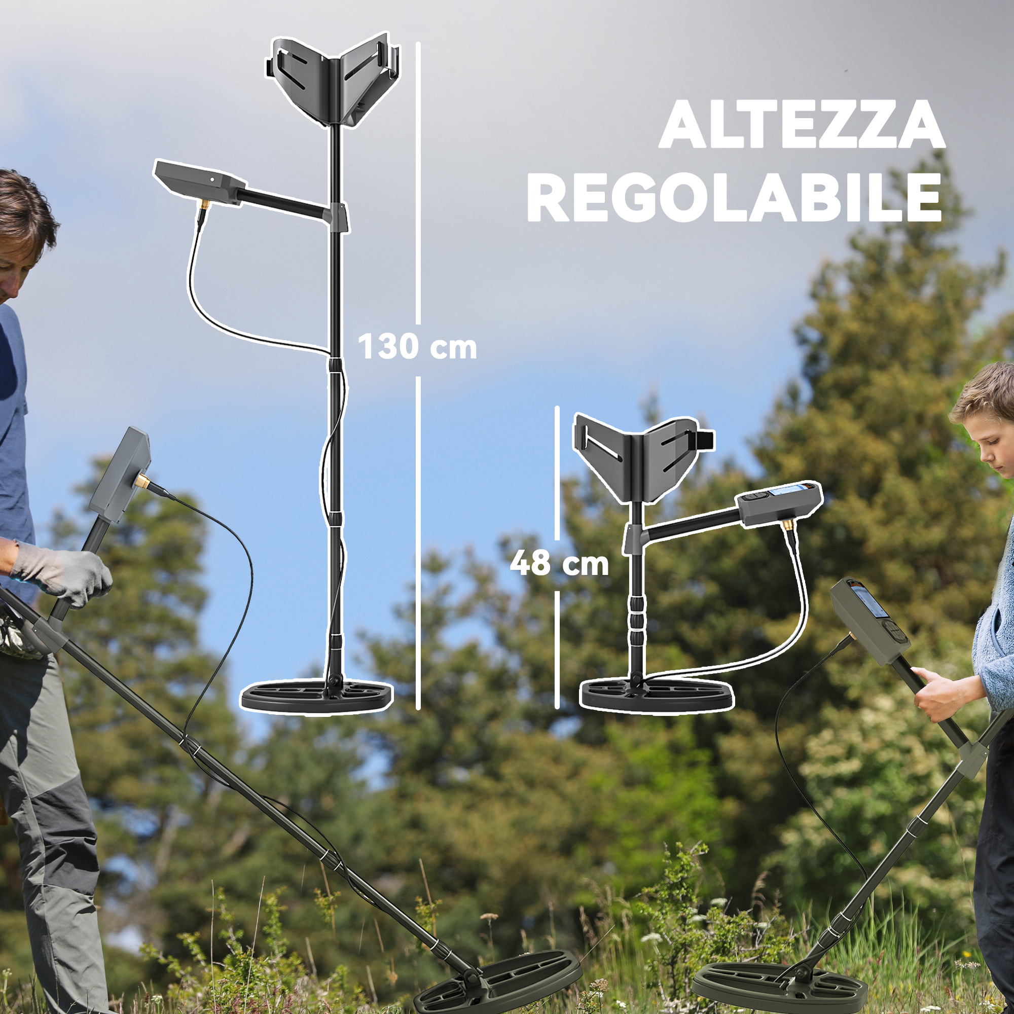 Due persone usano metal detector. Uno tiene un rilevatore, l'altro lo regola. Testo: Altezza regolabile.