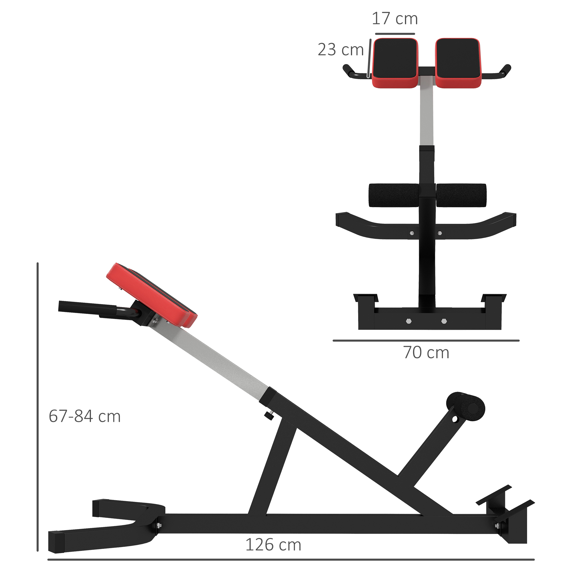 Panca pesi con poggiatesta rosso, telaio nero e misure: 126cm lungo, 70cm largo, 67-84cm alto.