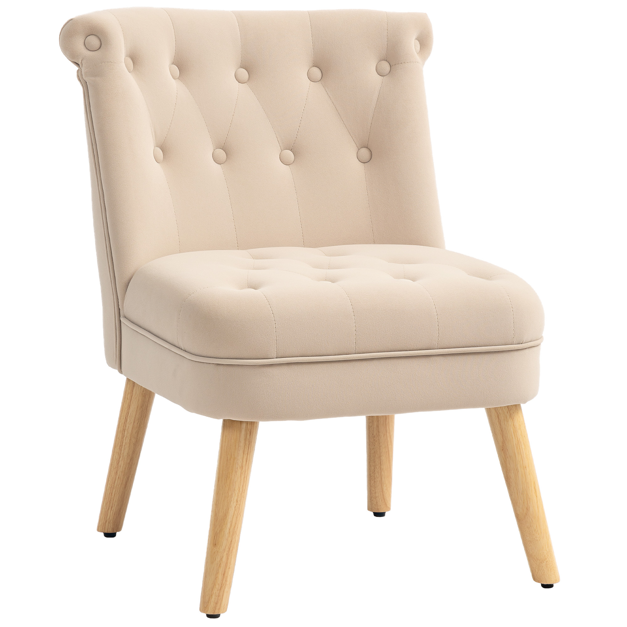 Sedia beige con bottoni e gambe in legno. Vista frontale, isolata su sfondo bianco.