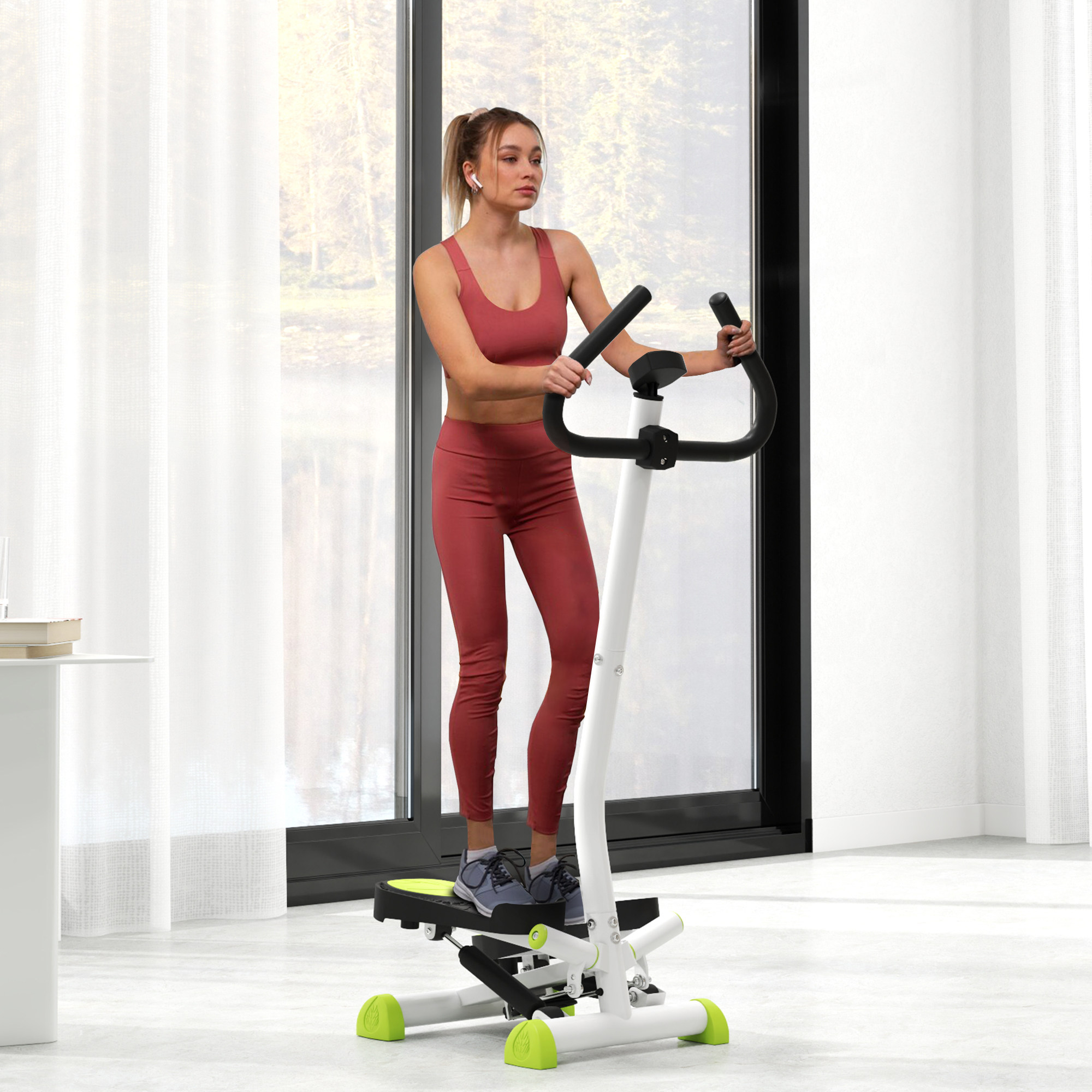 Donna in abbigliamento sportivo rosso usa uno stepper in una stanza luminosa con una grande finestra.