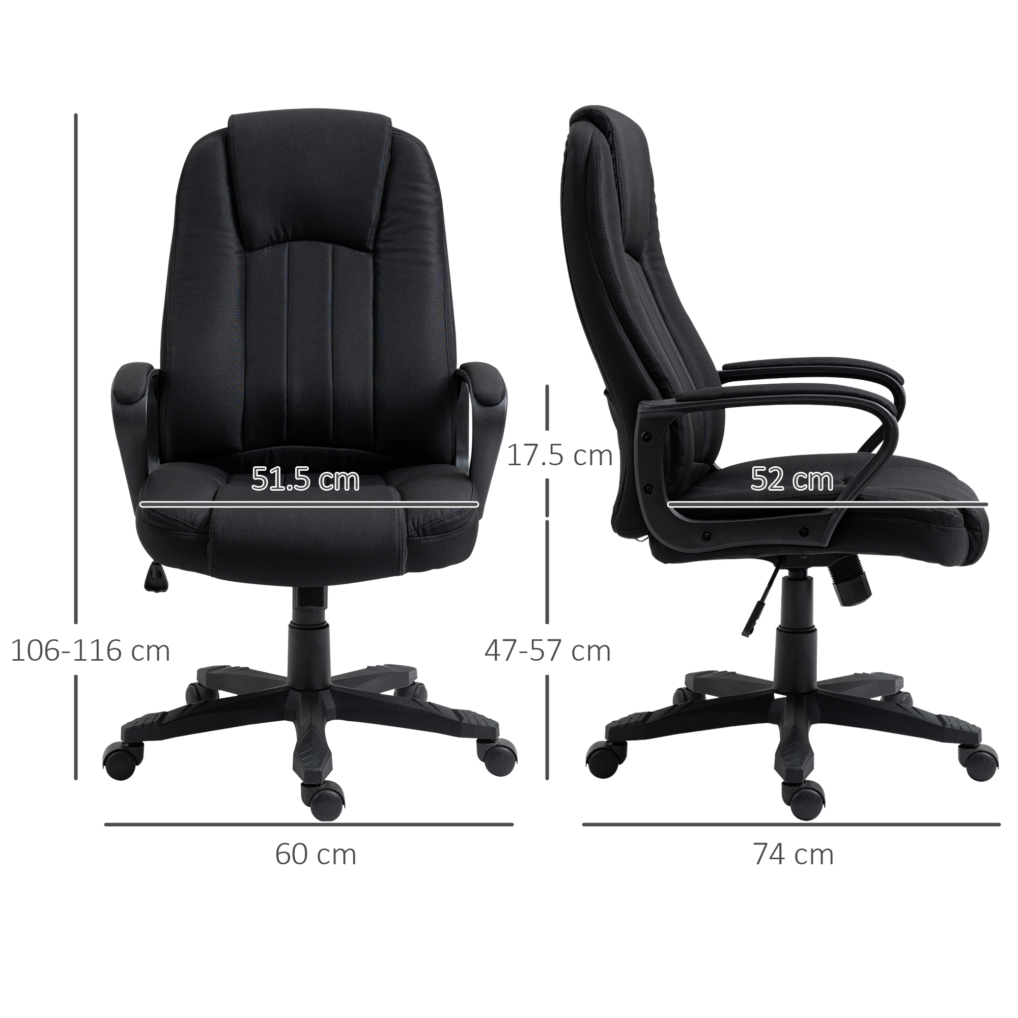 Sedia da ufficio nera con dimensioni. Sfondo bianco.