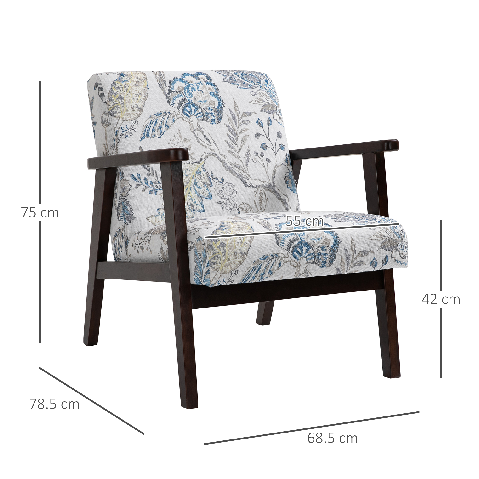 Poltrona in legno con motivo floreale su sfondo bianco. Le dimensioni sono indicate.