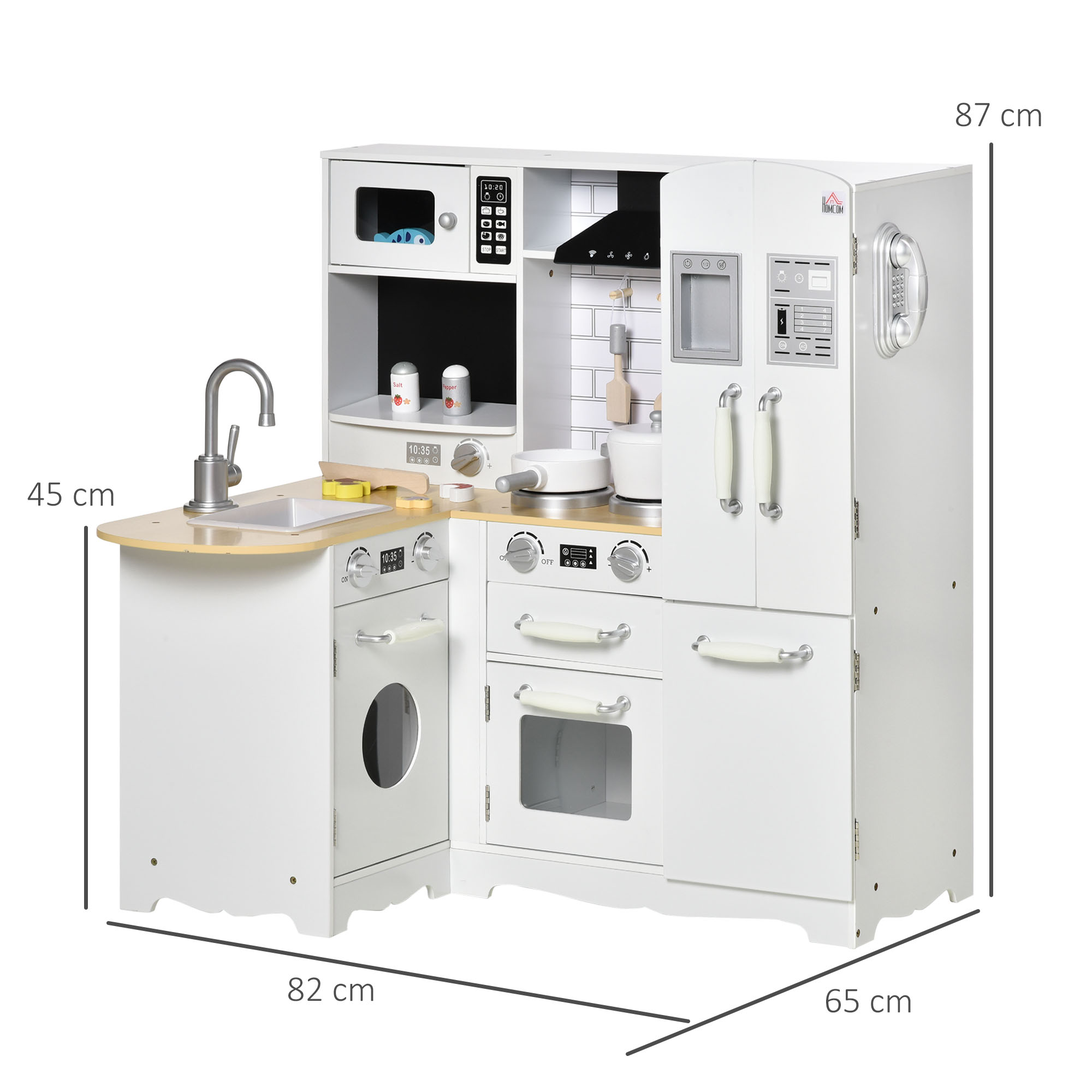 Cucina giocattolo bianca con dimensioni. Include lavandino, forno, microonde e frigo.