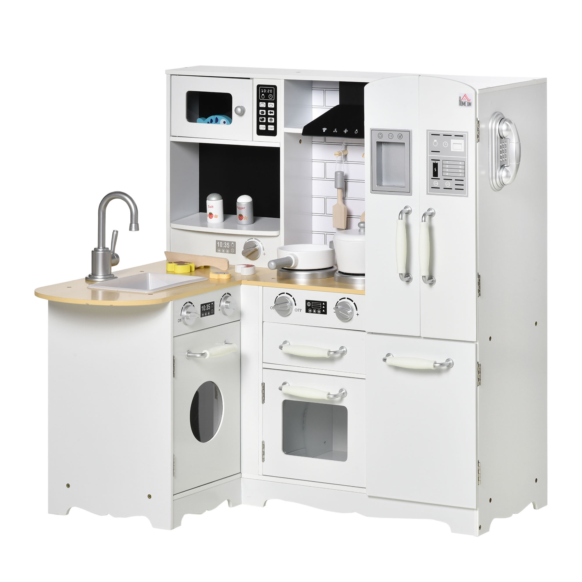 Set cucina giocattolo bianco con elettrodomestici: microonde, forno, lavandino, frigorifero e accessori.