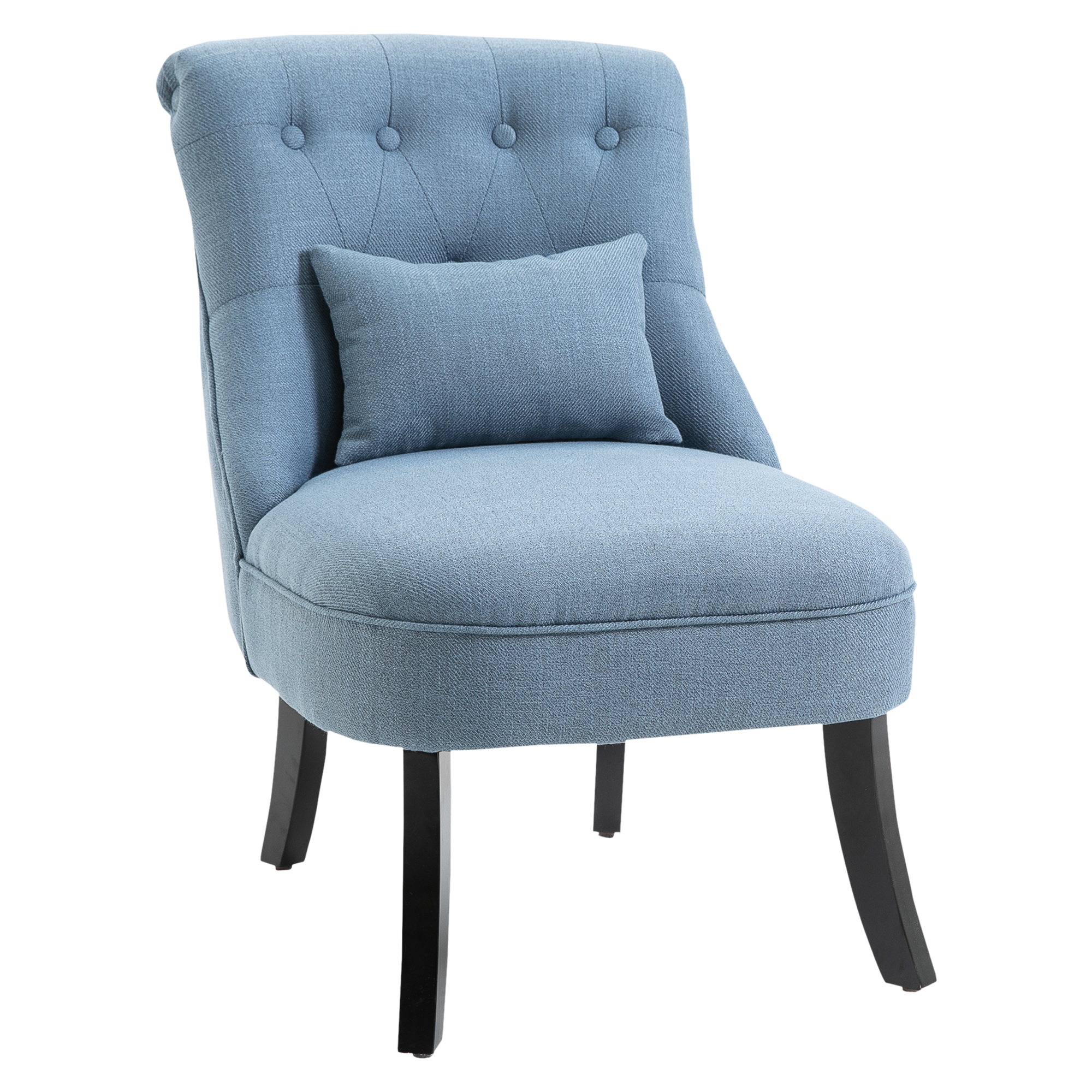 Poltrona blu con cuscino. Gambe nere, sfondo bianco. Schienale con bottoni.