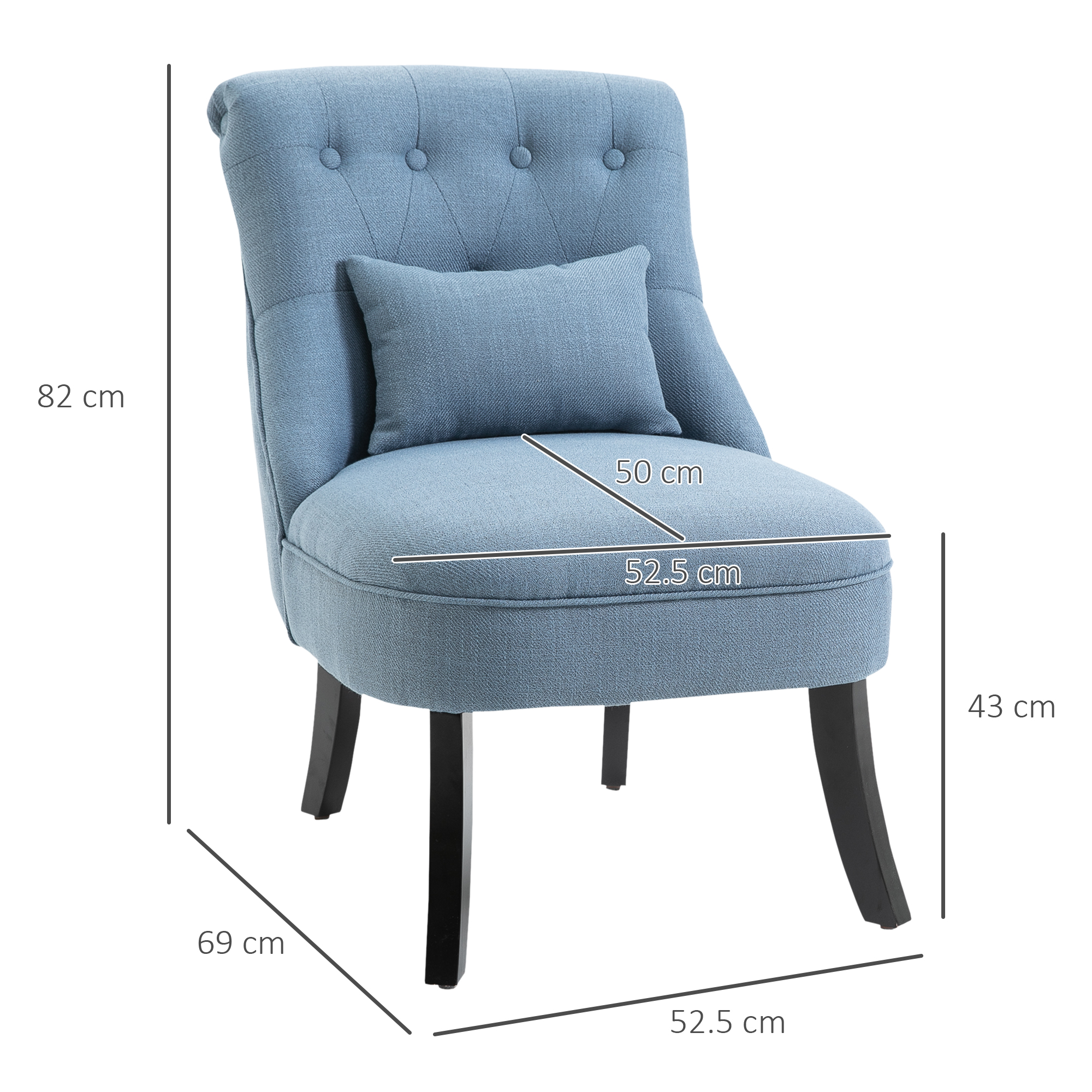 Sedia blu imbottita con dimensioni indicate. C'è un cuscino sopra.