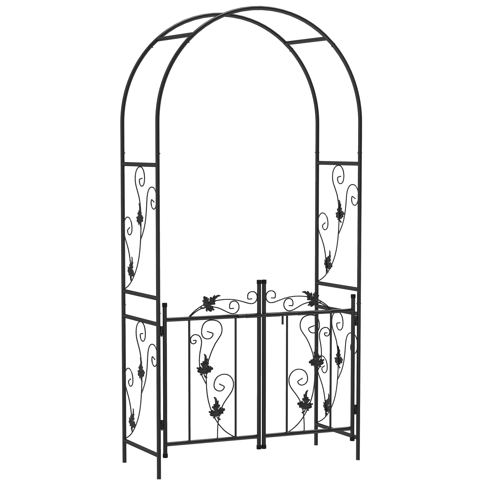 Arco da giardino in metallo nero con cancello. Ha dettagli floreali decorativi.