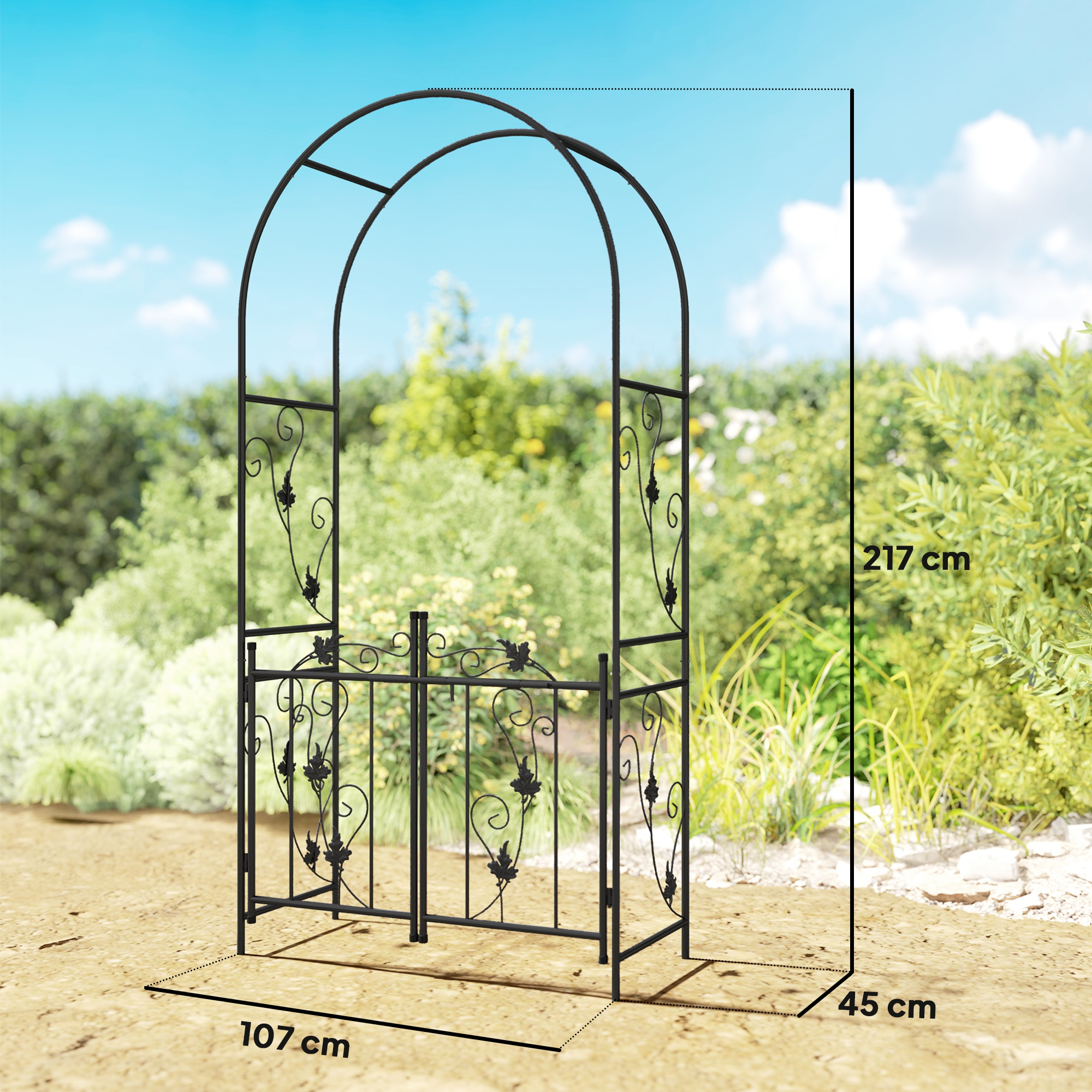 Arco da giardino in metallo nero con cancello, in una giornata di sole, con misure.