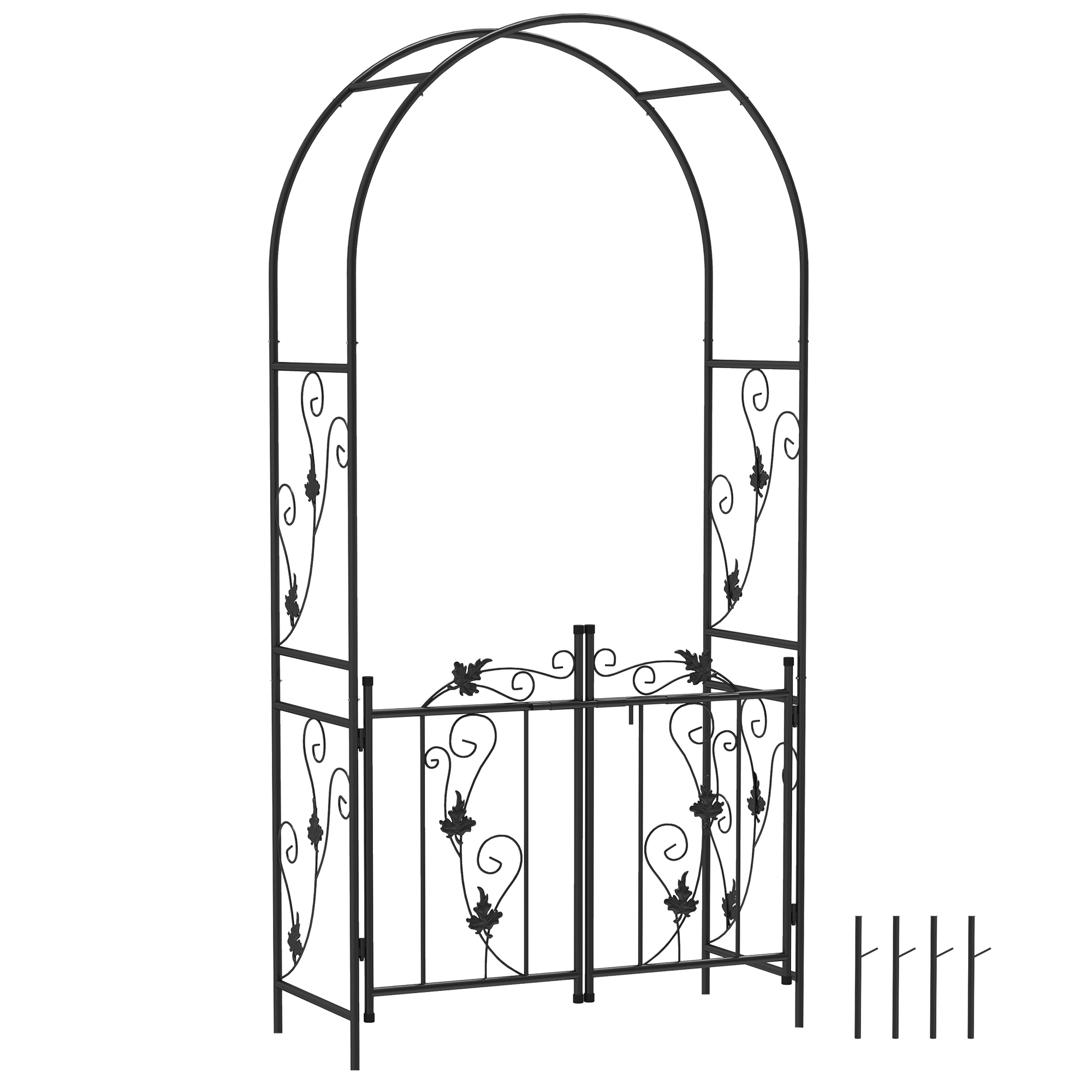 Arco da giardino in metallo nero con cancello e dettagli decorativi a foglie.
