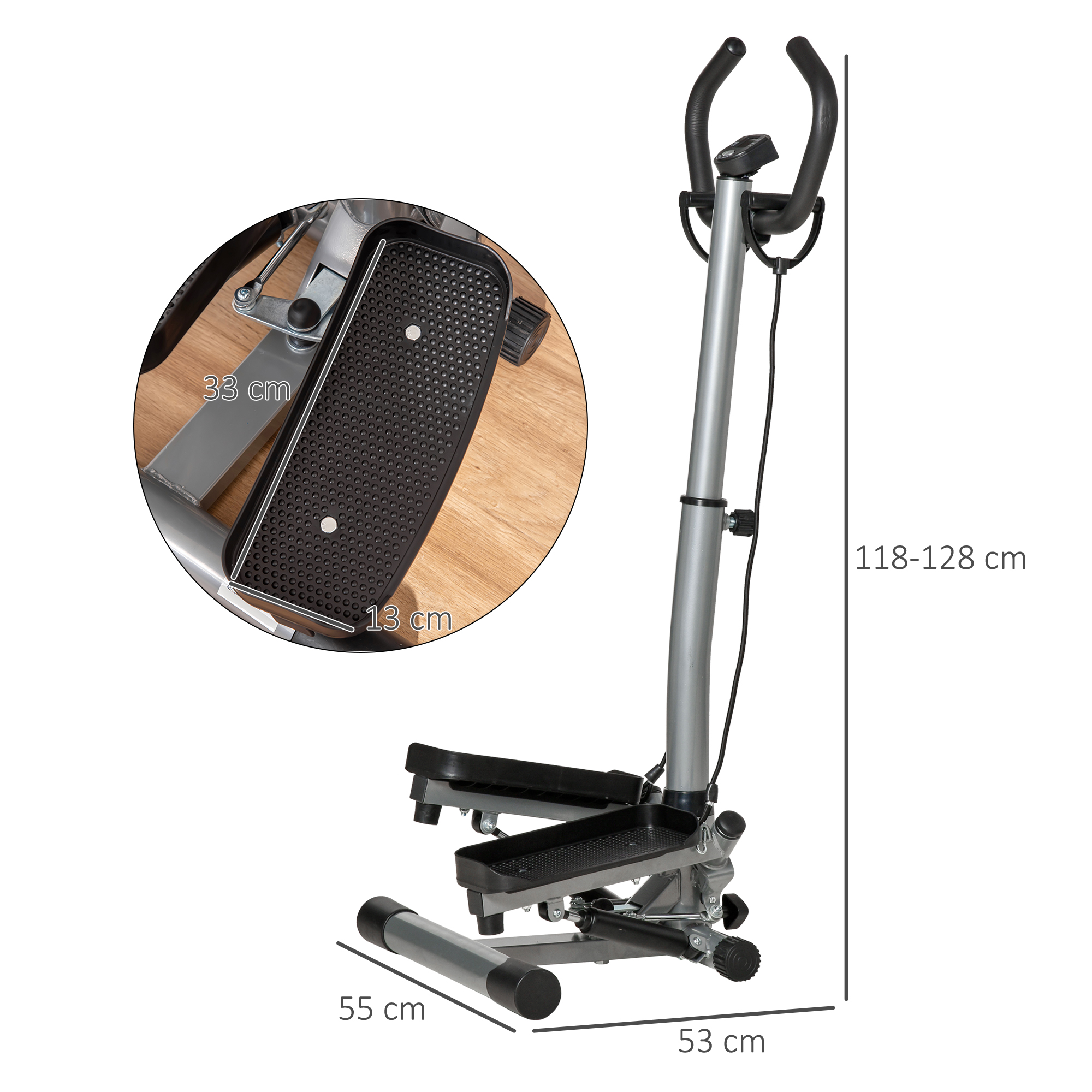 Uno stepper argento e nero con dimensioni. Una vista ingrandita mostra il poggiapiedi.