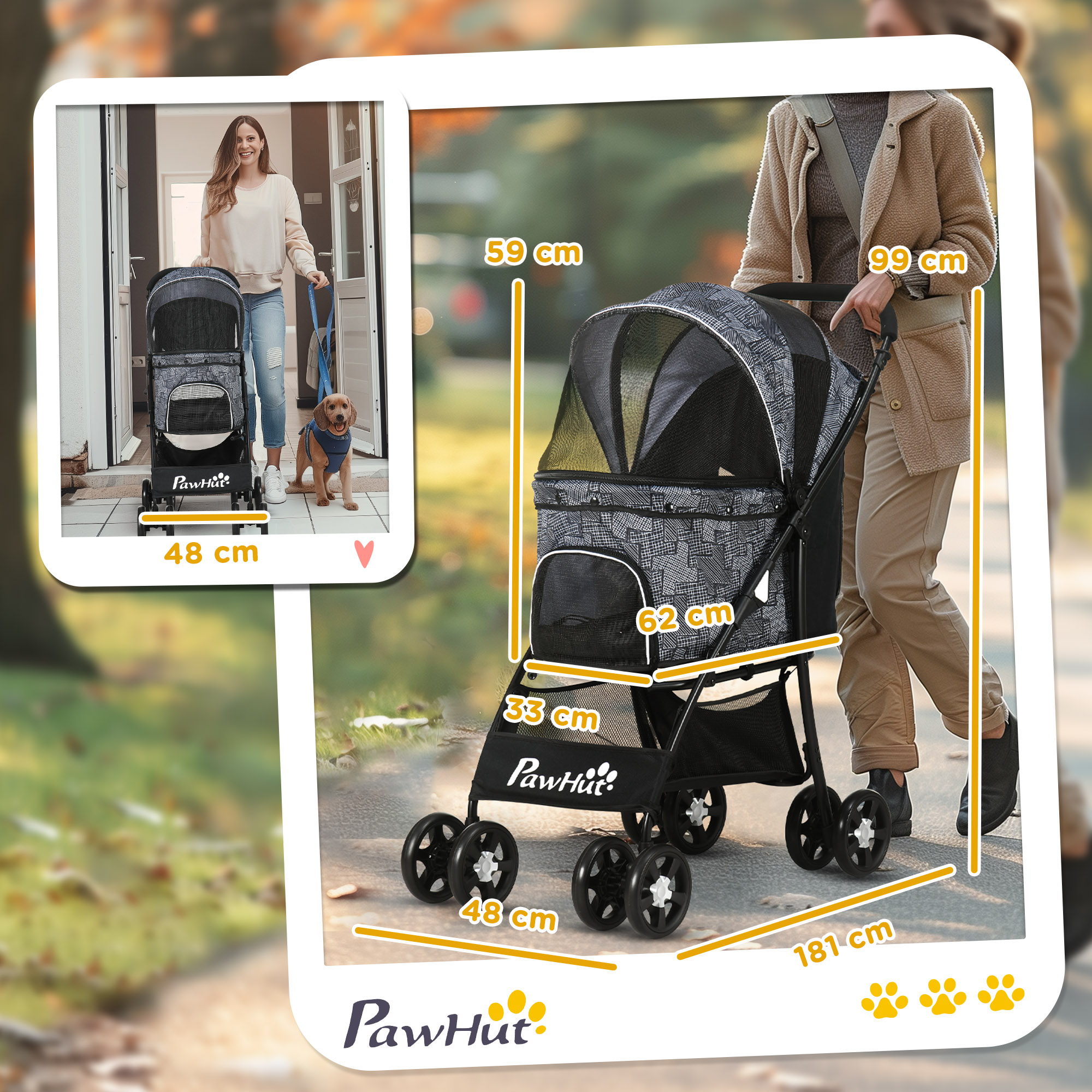 Una donna che spinge un passeggino per cani. Il passeggino è nero e grigio con dimensioni indicate.