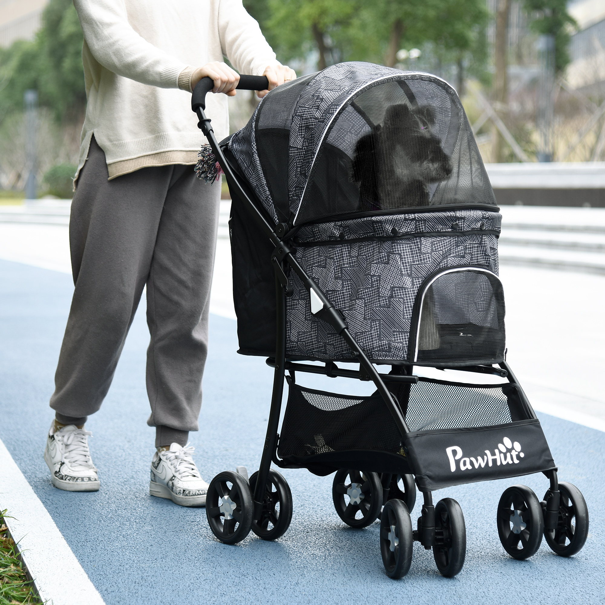Persona che spinge un passeggino per animali con un cane all'interno su una superficie blu.