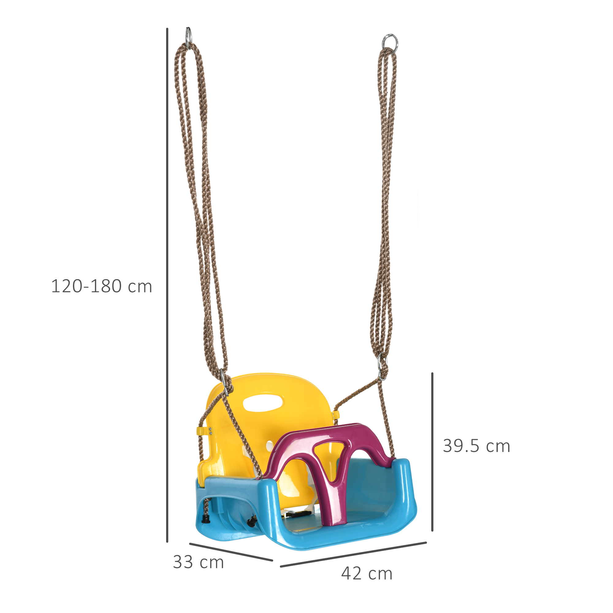 Un'altalena colorata per bambini con dimensioni in centimetri, isolata su bianco.