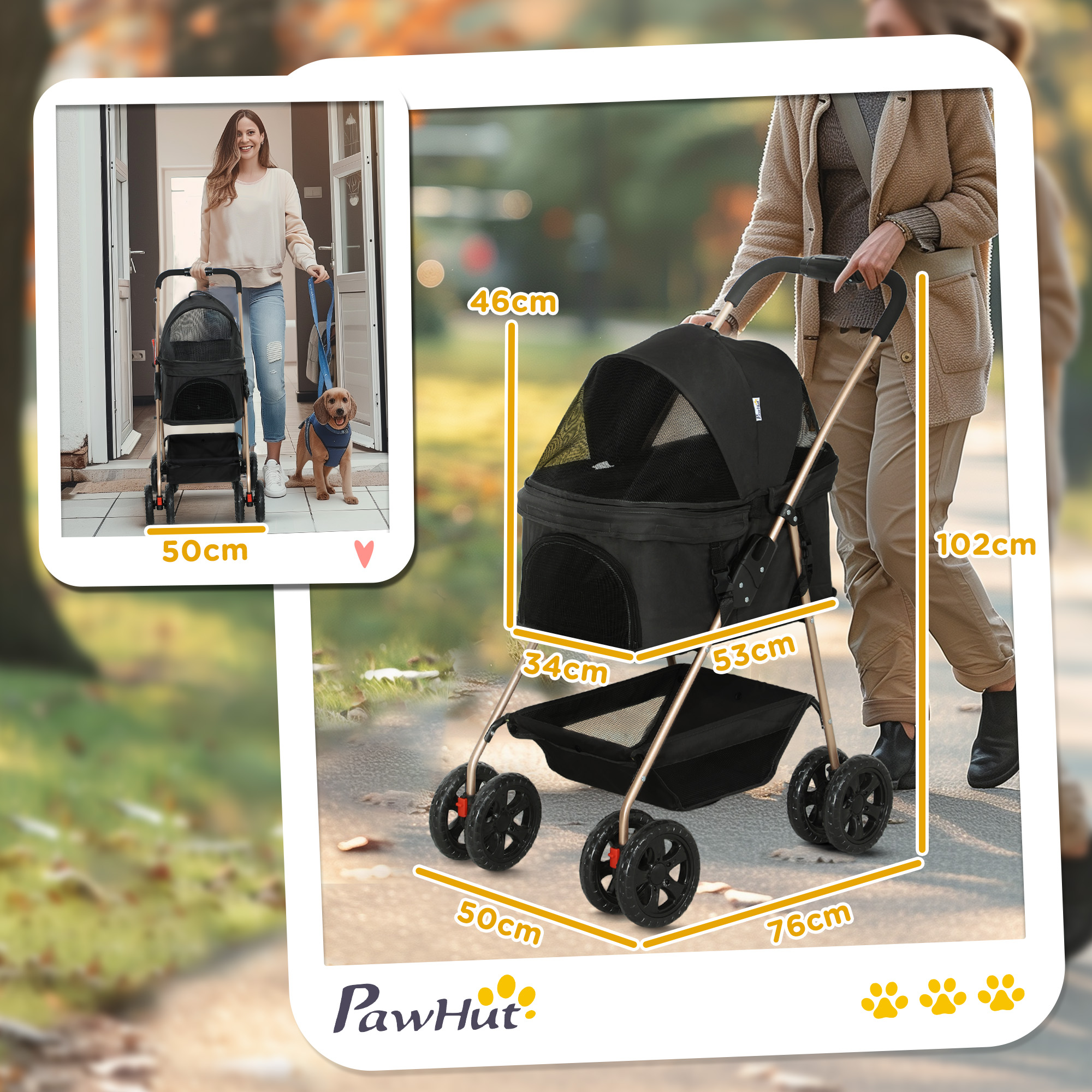 Una donna cammina con un passeggino per animali domestici. Un cane con un gilet cammina al guinzaglio. Le dimensioni sono indicate sul passeggino.