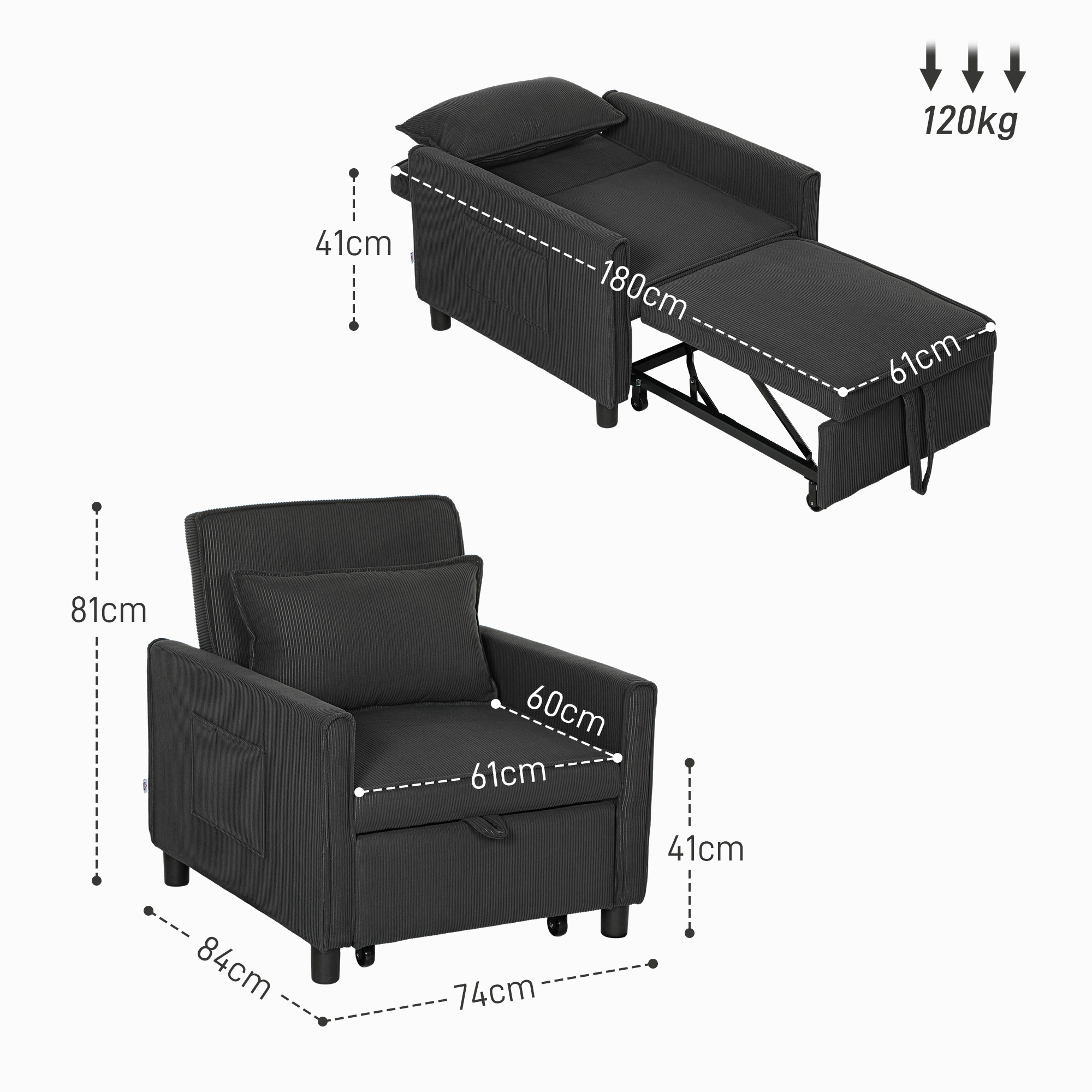 Un divano nero che si trasforma in letto. Le dimensioni sono indicate. È indicato un limite di peso di 120 kg.