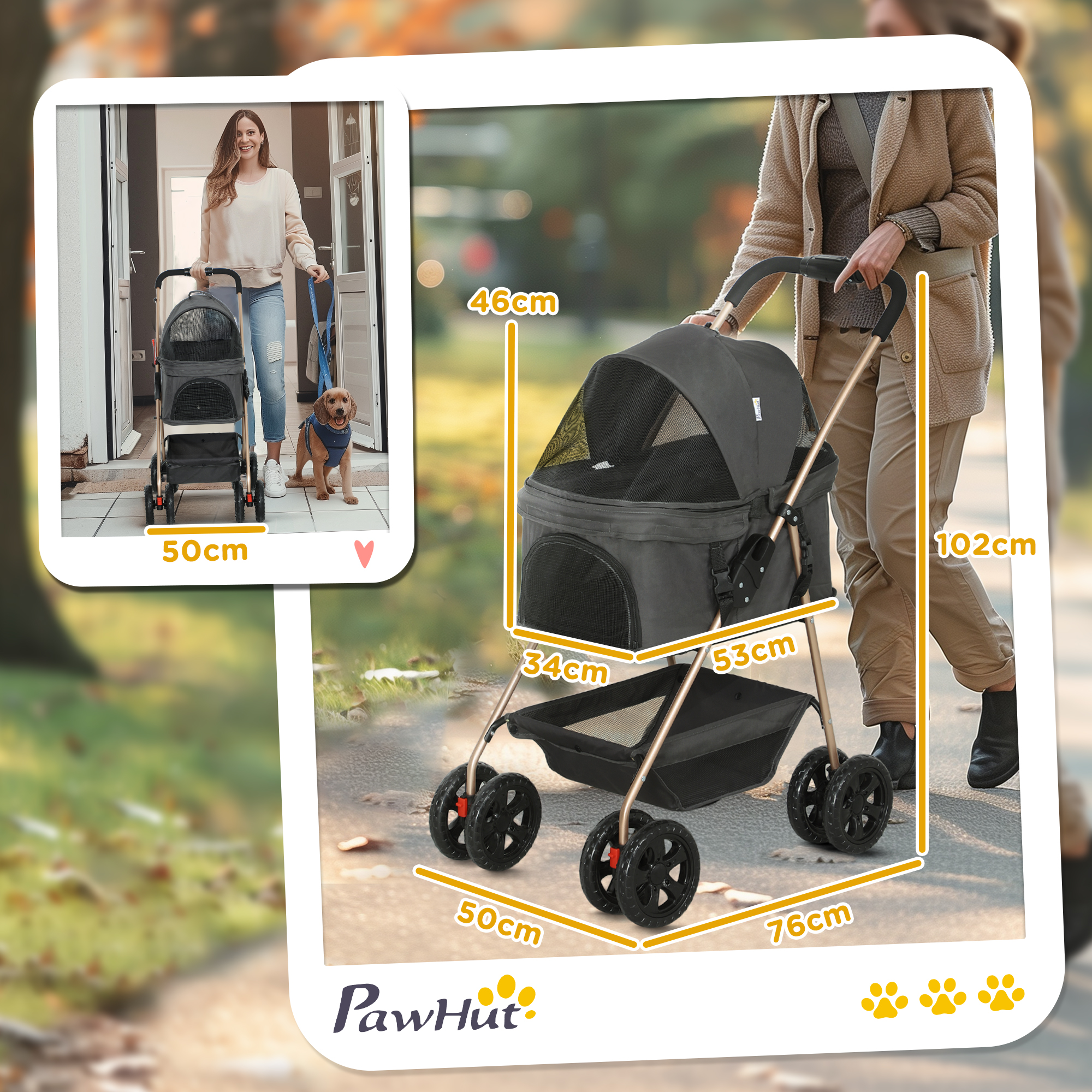 Passeggino per animali domestici con dimensioni. Donna che cammina con passeggino e cane.