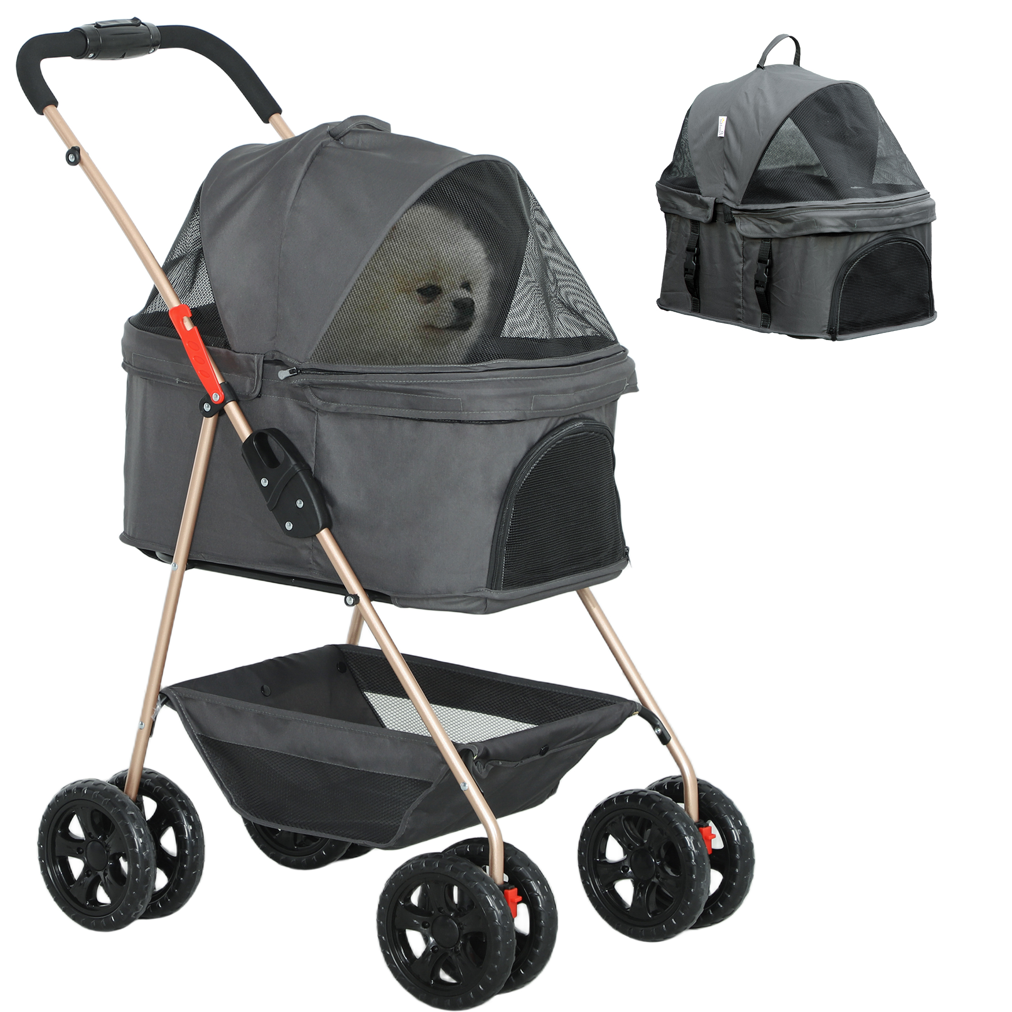Passeggino grigio per animali domestici con un cane all'interno e un trasportino più piccolo sul lato.