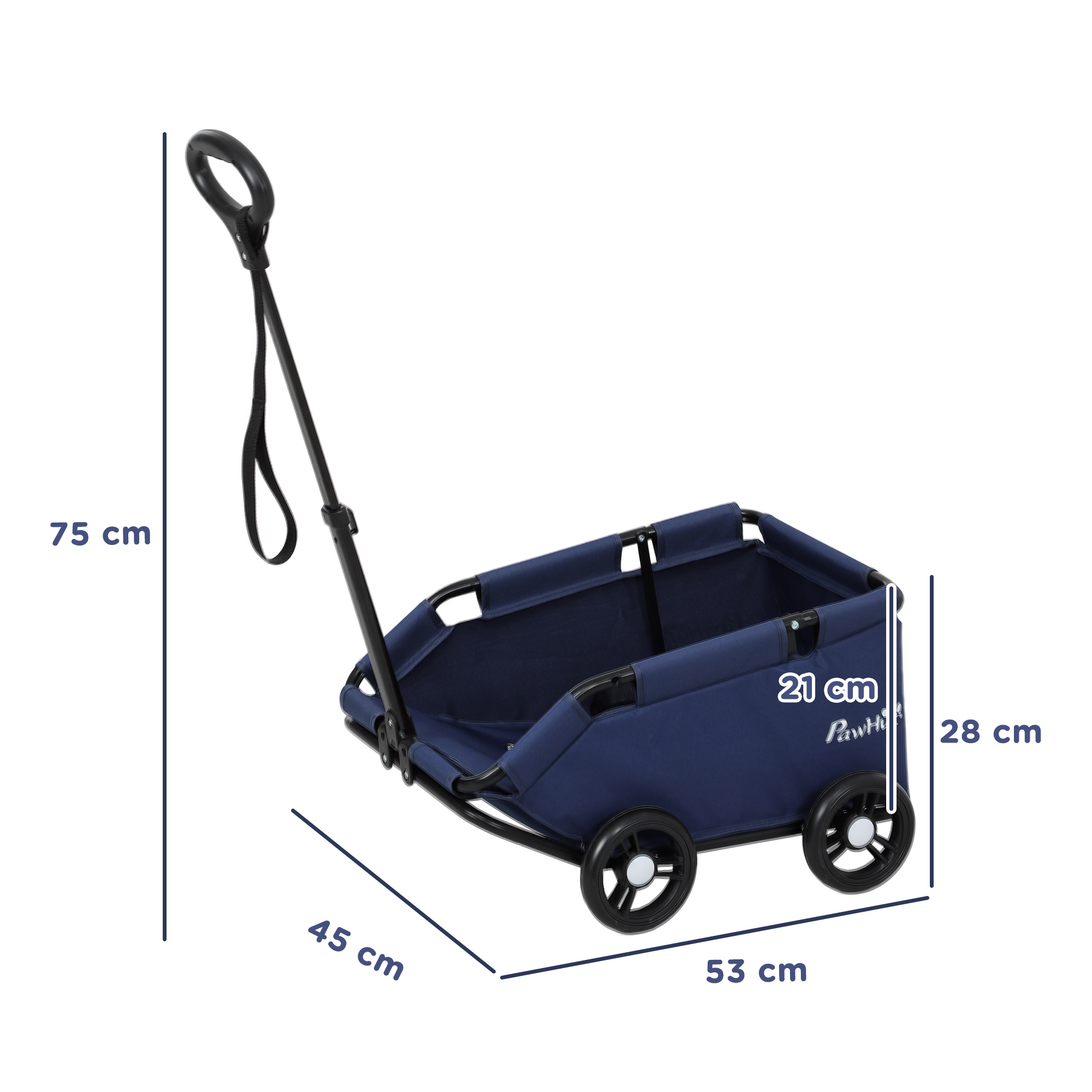 Carrello blu con maniglia e ruote. Ha misure visualizzate. Telaio in metallo nero.