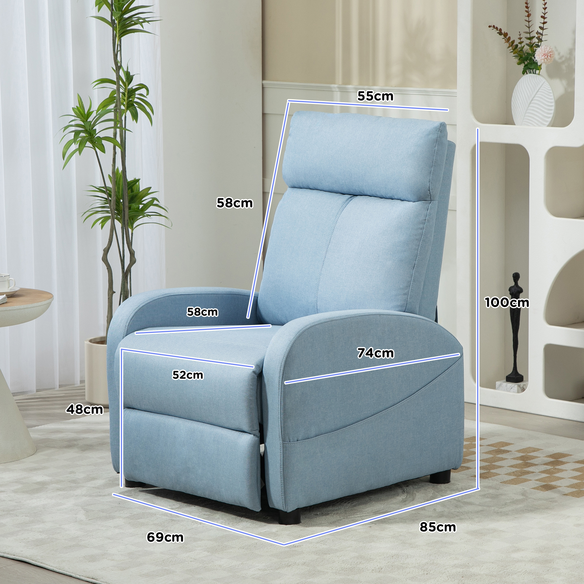 Poltrona reclinabile in tessuto blu con misure: 100cm altezza, 85cm larghezza, 69cm profondità.