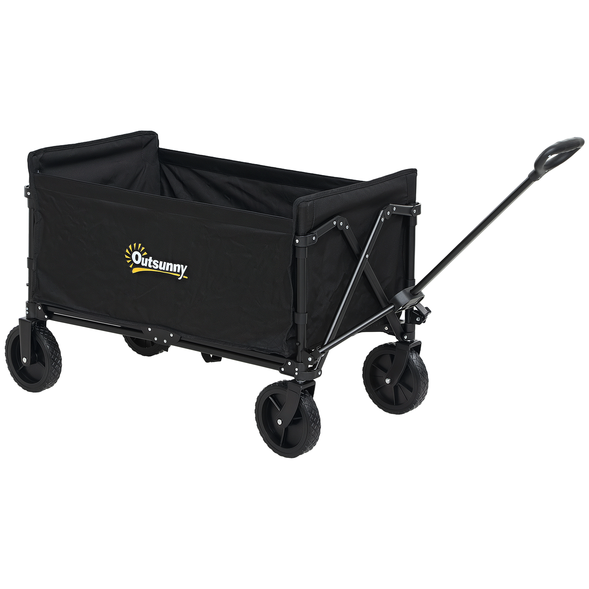 Un carrello nero con logo Outsunny, con quattro ruote e un manico. È su sfondo bianco.