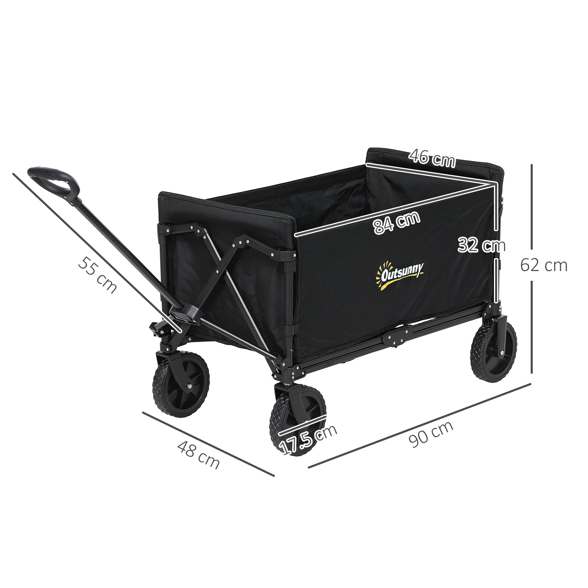 Carrello utilitario pieghevole nero con dimensioni etichettate. Tessuto e ruote neri. Sfondo bianco.