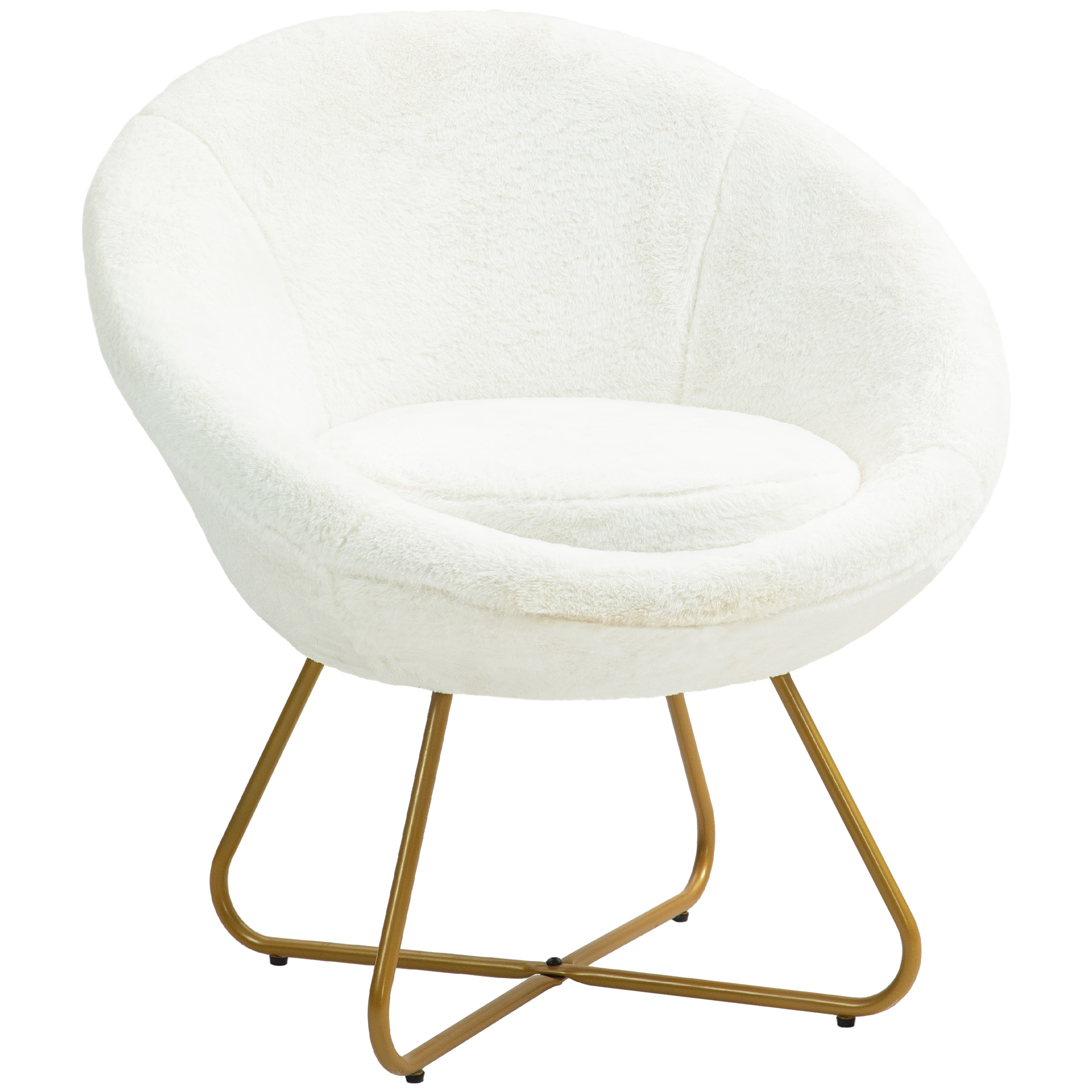 Sedia bianca e soffice con gambe dorate. Ha una forma rotonda.