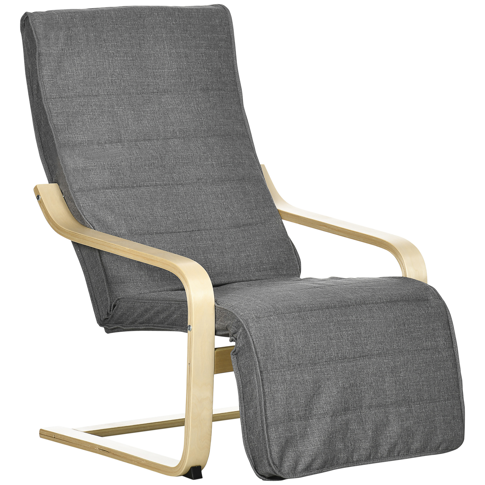 Poltrona reclinabile in tessuto grigio con struttura in legno, su sfondo bianco.