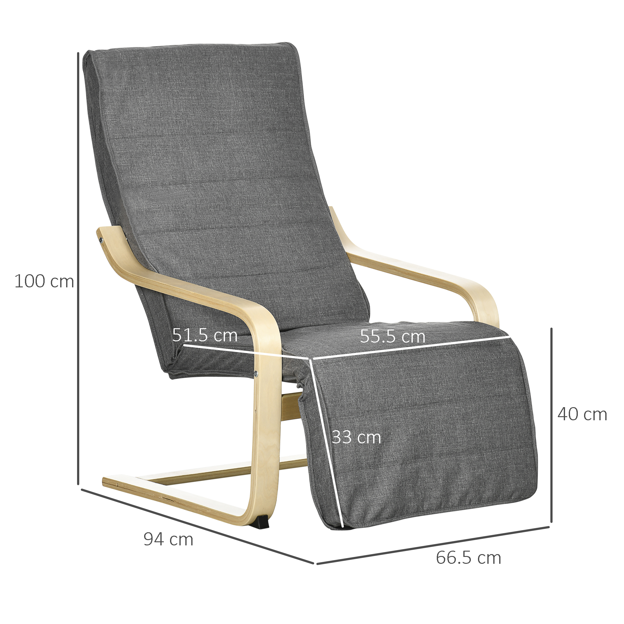 Poltrona reclinabile grigia con struttura in legno. Dimensioni indicate.