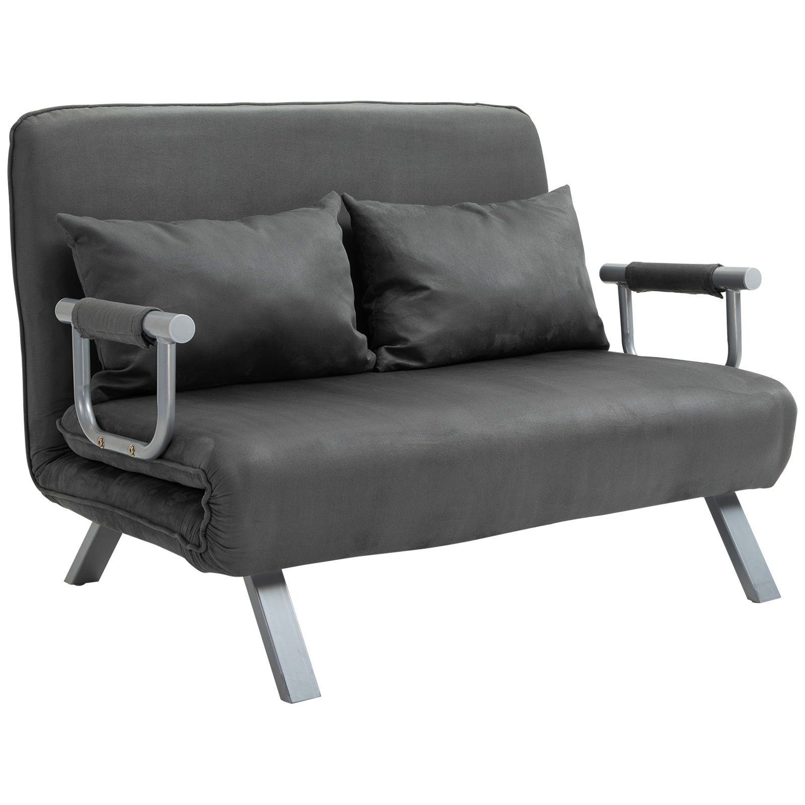 Divano letto con due cuscini e gambe in metallo. Colore grigio, con dimensioni.