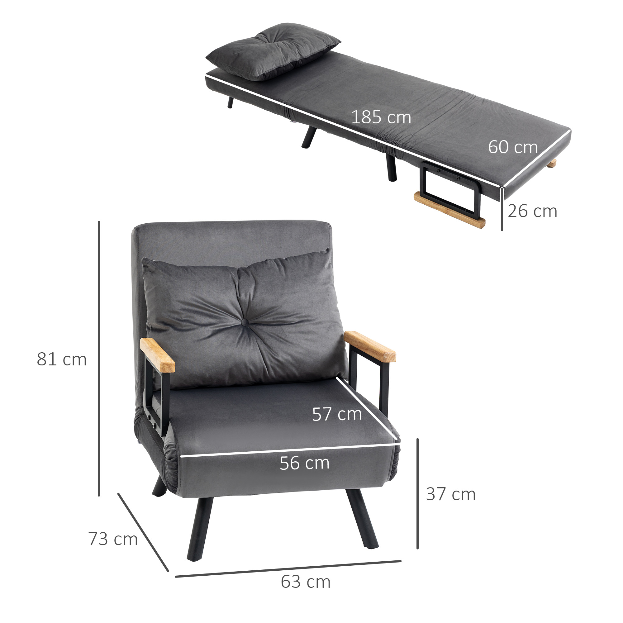 Graues Schlafsofa und grauer Sessel mit Holzarmlehnen. Abmessungen sind sichtbar.