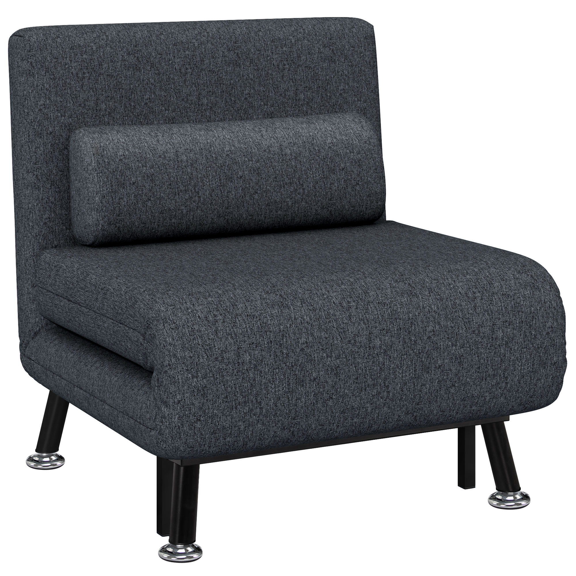 Sedia convertibile grigio scuro con gambe nere, isolata su bianco.