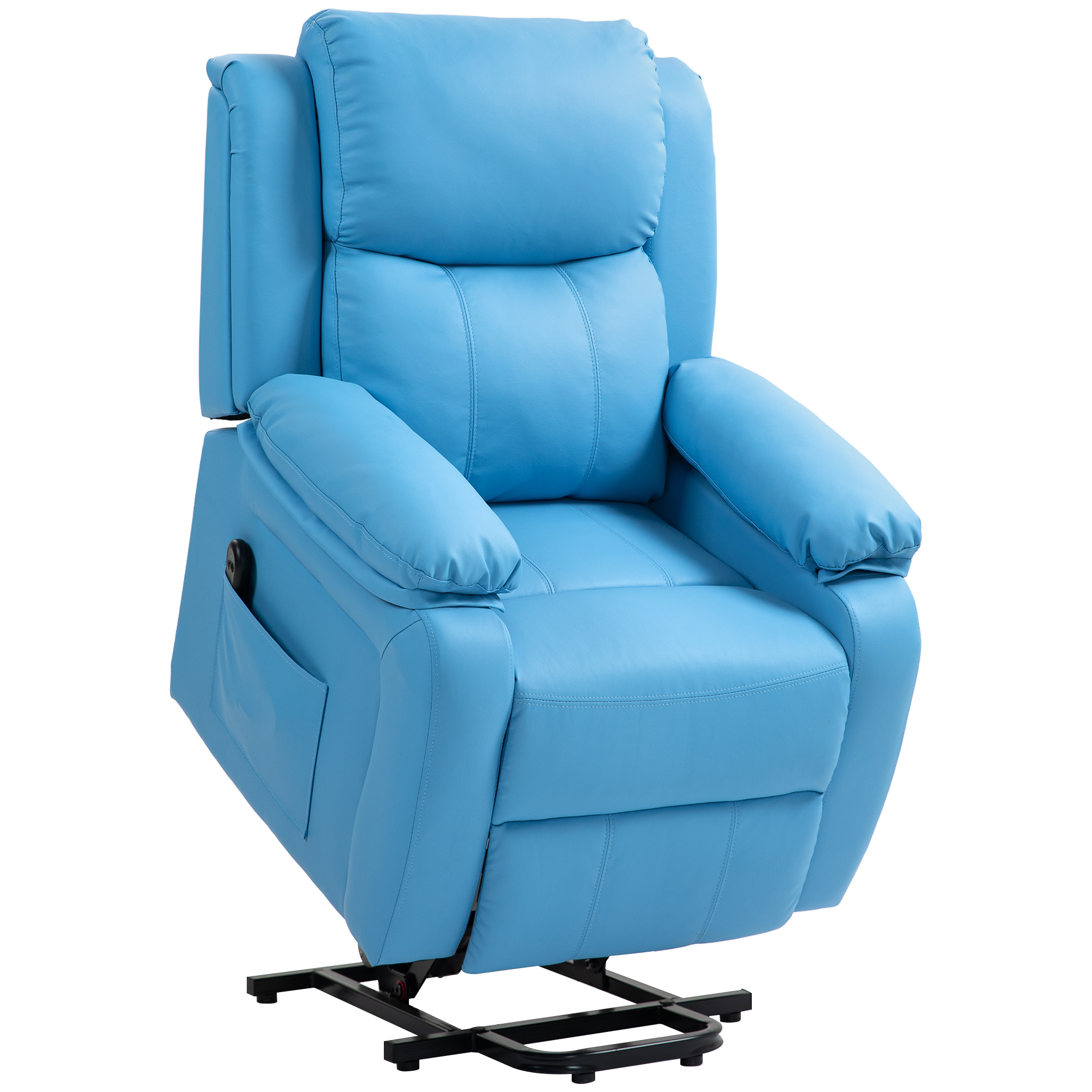 Una poltrona reclinabile in pelle blu. Ha dimensioni ed è su una base nera. È su uno sfondo bianco.